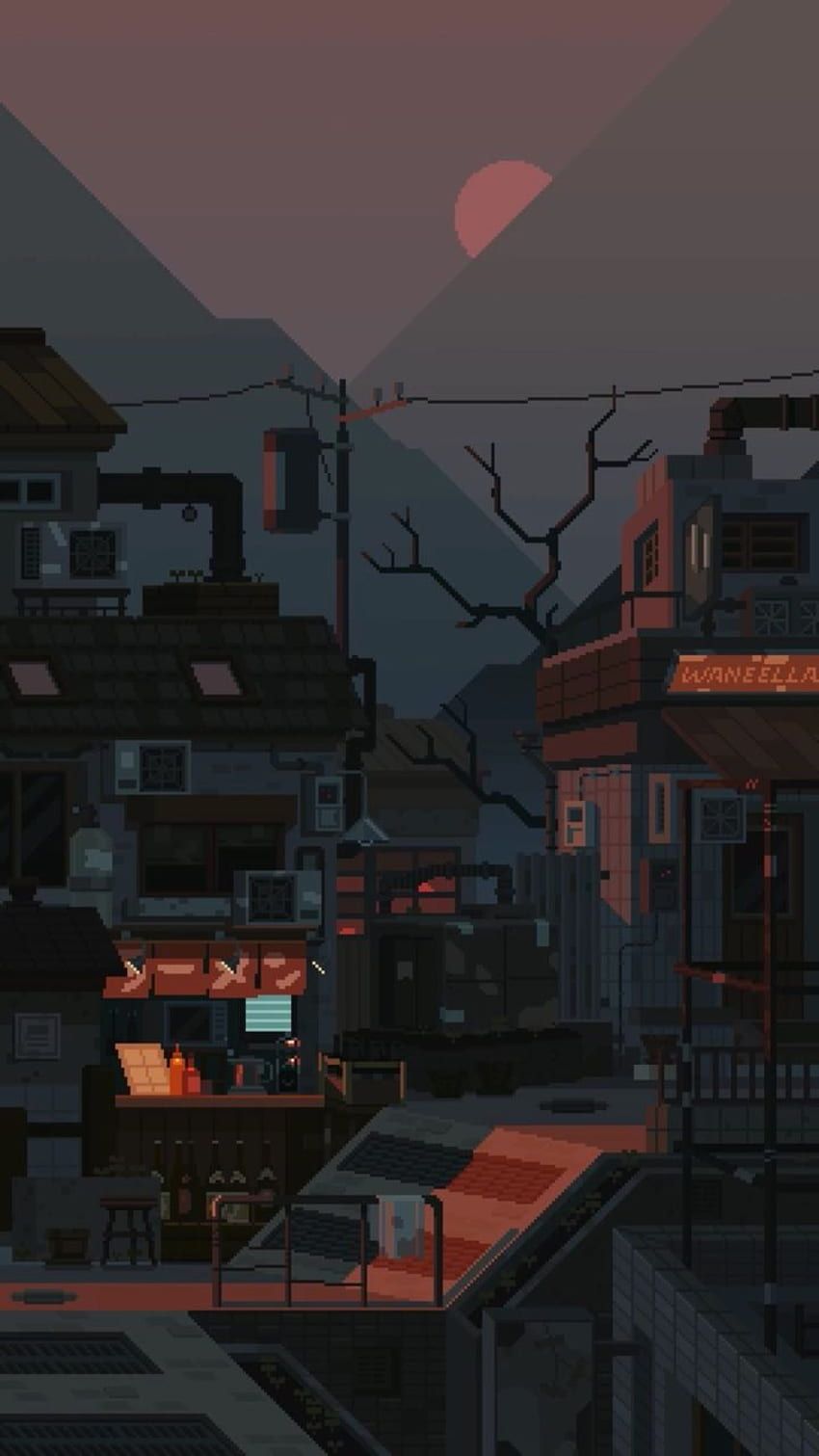 Häuser, Dämmerung, Kahle Bäume, Mond, Dunkel, Illustration, Android-Hintergrundbild