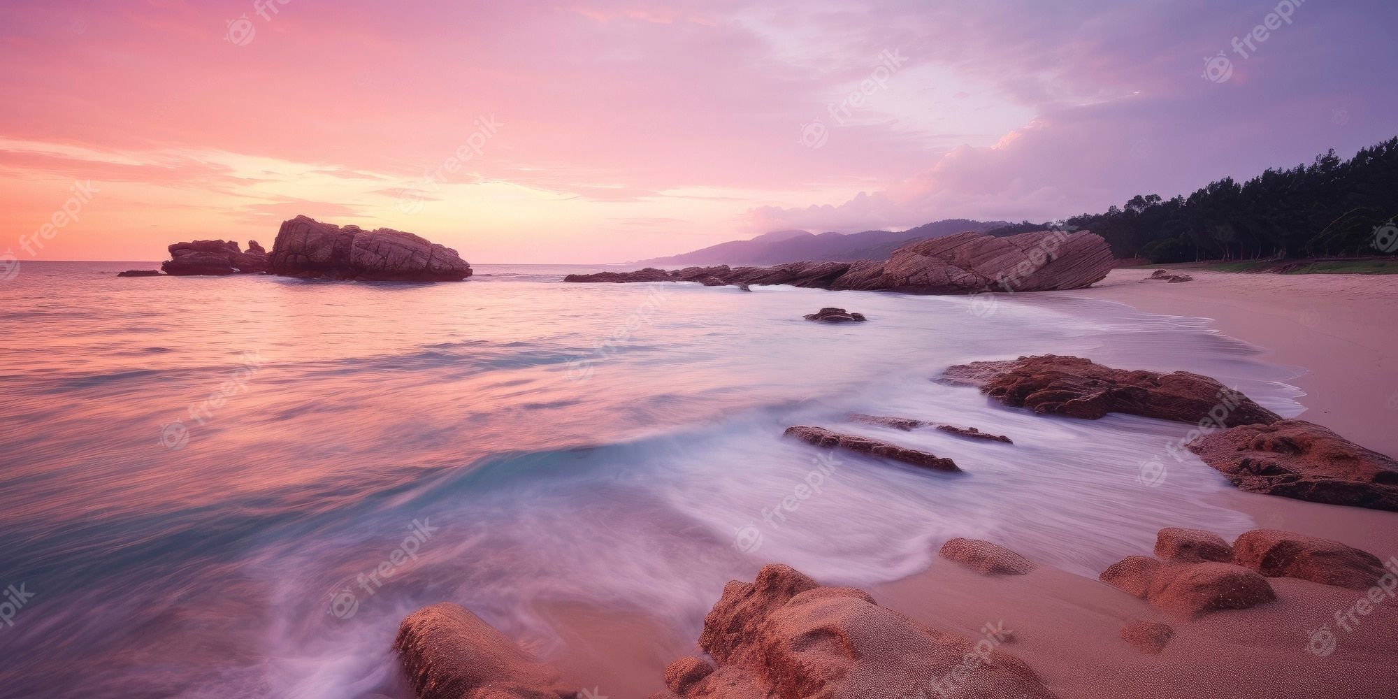 Felsenstrand, Langzeitbelichtung, Sonnenuntergang, Rosa Himmel, Wellen, Full-HD-Hintergrundbild für PC