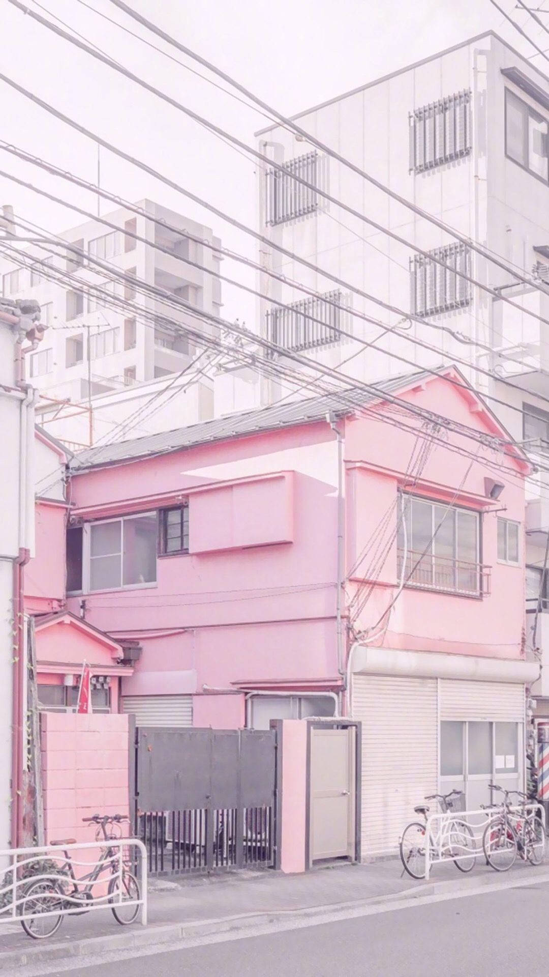 Rosa Haus, Stromleitungen, Japan, Pastell, Straße, Full HD, Hintergrundbild fürs Handy