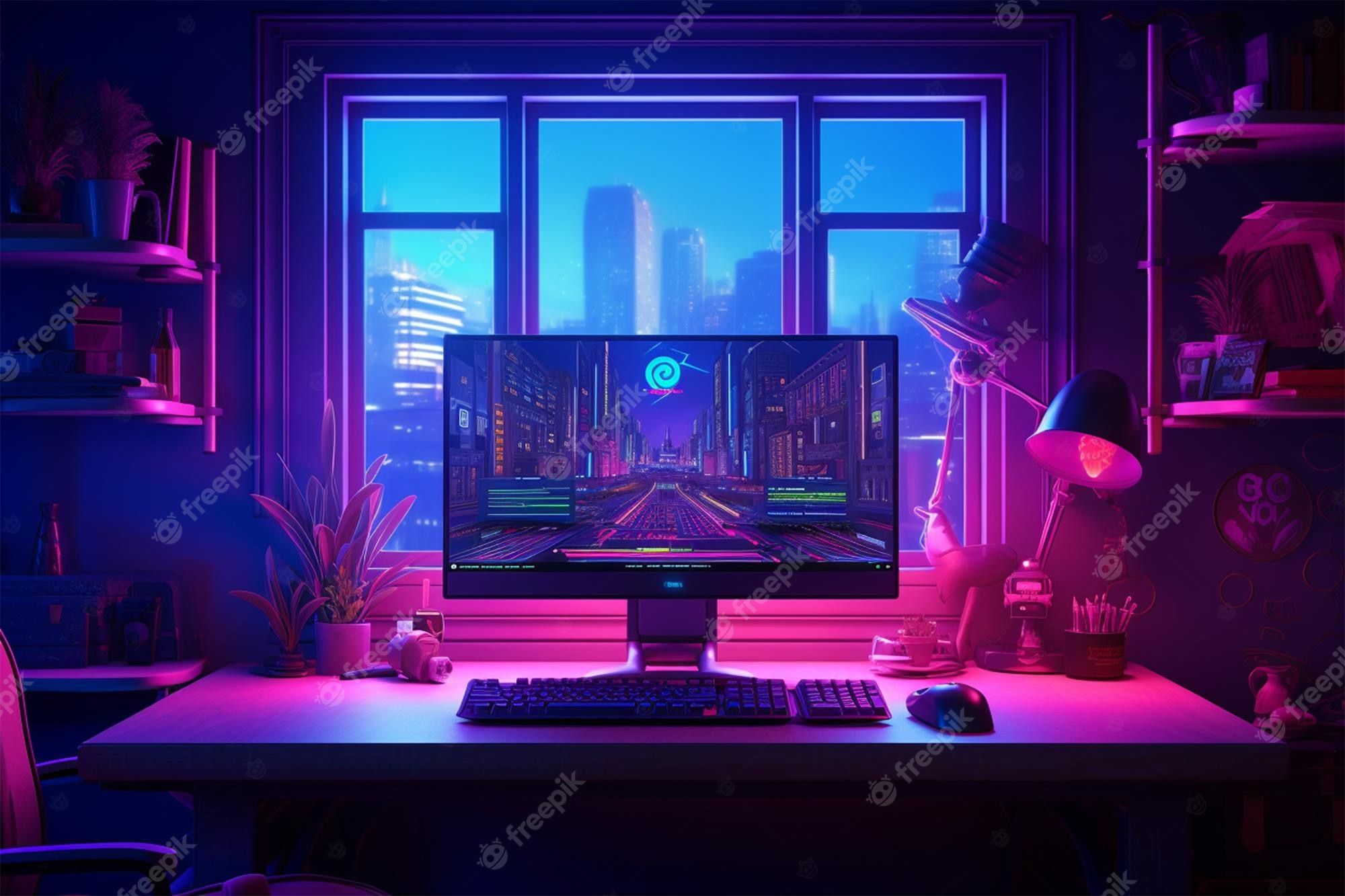 Gaming-Setup, Monitor, Fenster, Neon, Pink-Blau, Zimmer, Full-HD-Hintergrundbild für PC