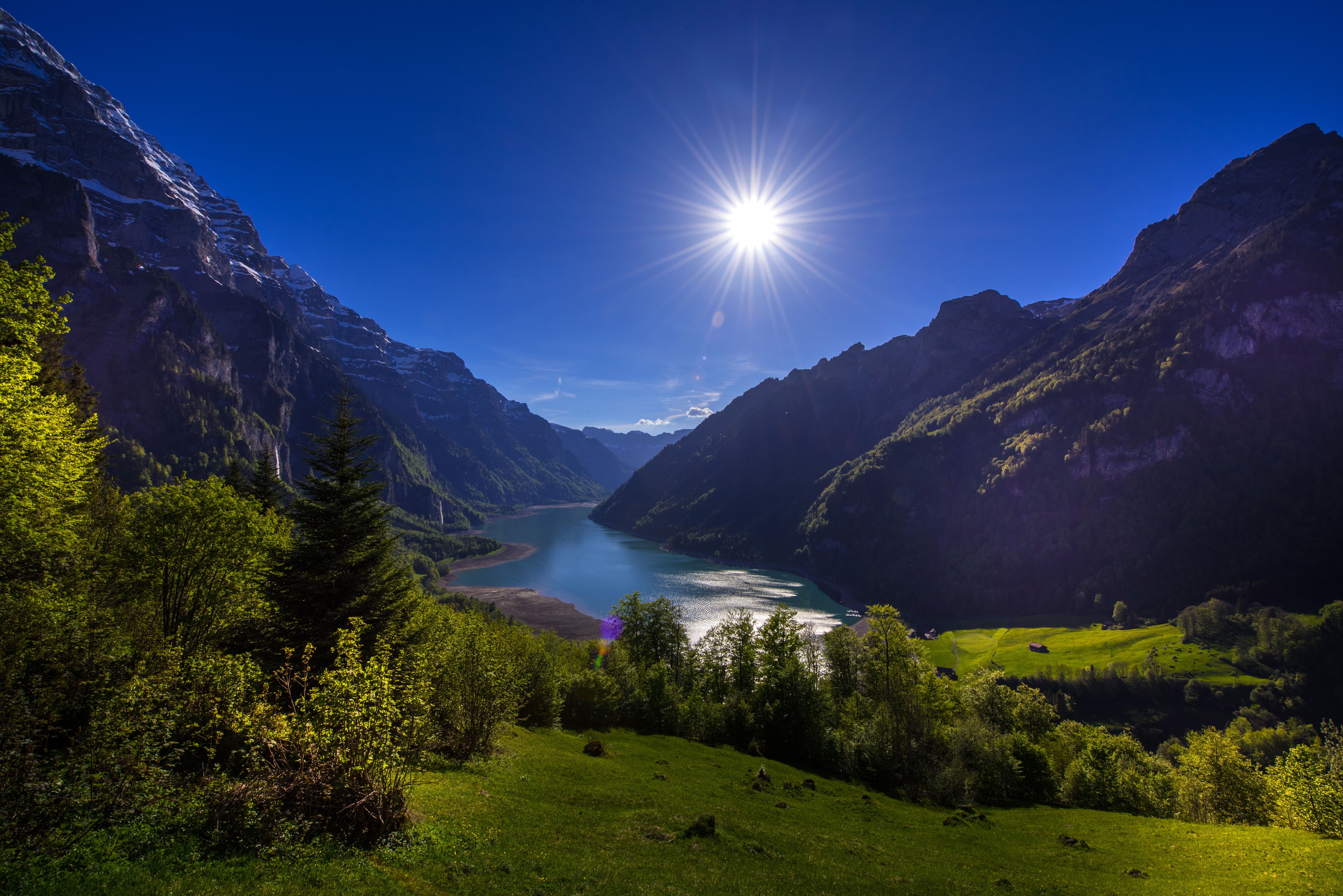 Bergtal, Sonne, See, Alpen, Sommer, 6K, Hintergrundbild für den PC
