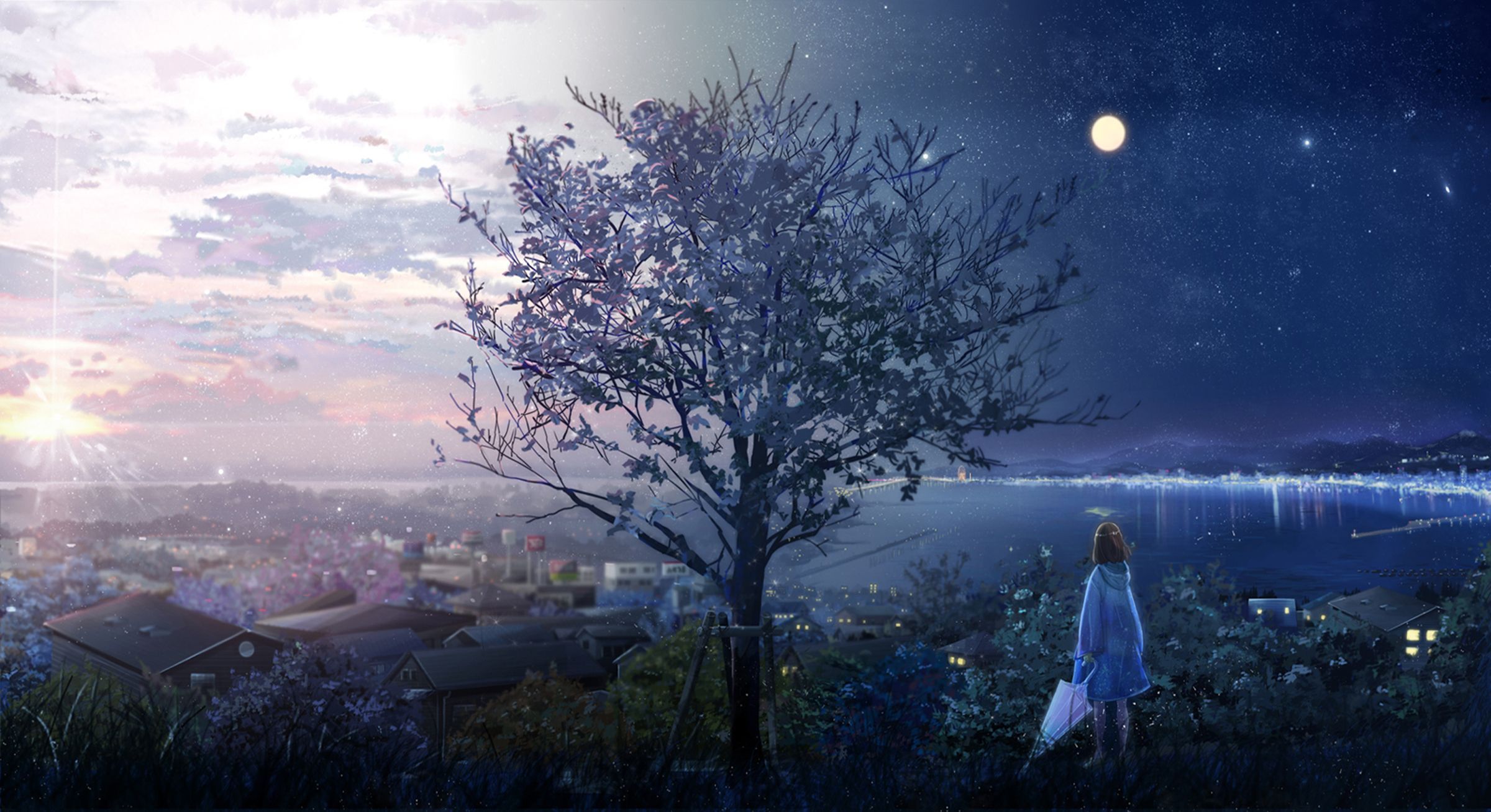 Baum, Mädchen, Mond, Nachthimmel, Anime-Stil, Stadtblick, Full HD, PC-Hintergrundbild