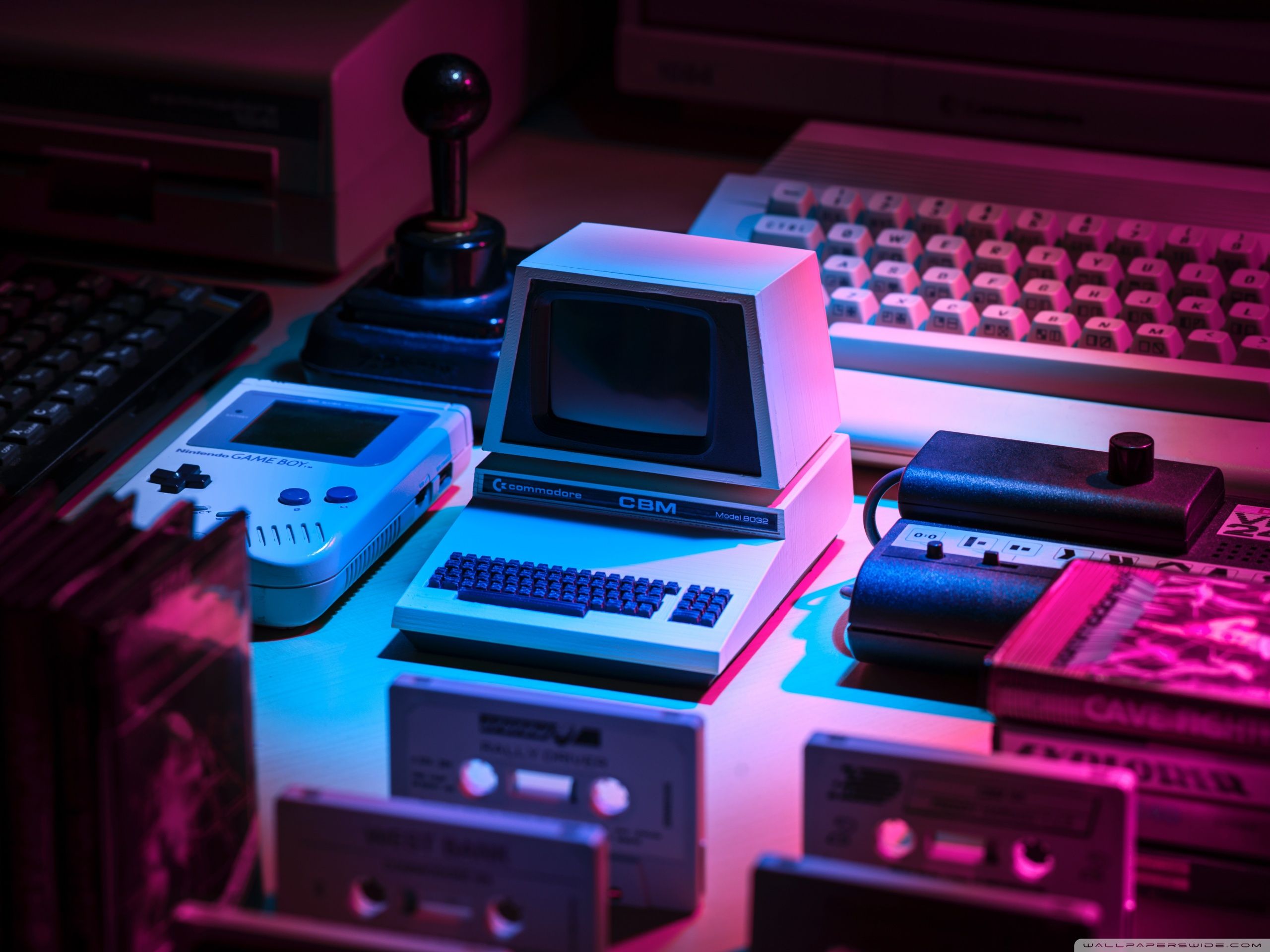 Retro-Computer, Game Boy, Joystick, Neonlicht, Nostalgie, Hintergrundbild fürs iPad