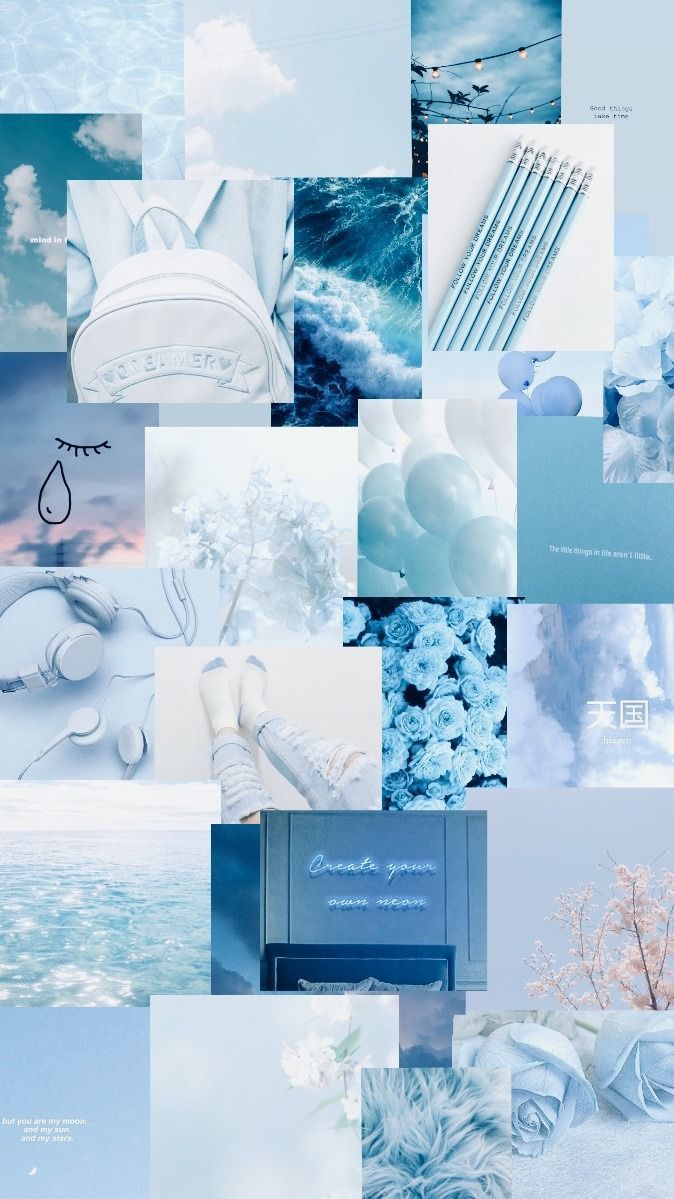 Collage, Ästhetik, Weiß-Blau, Meer, Zart, Hintergrundbild für iPhone und Android