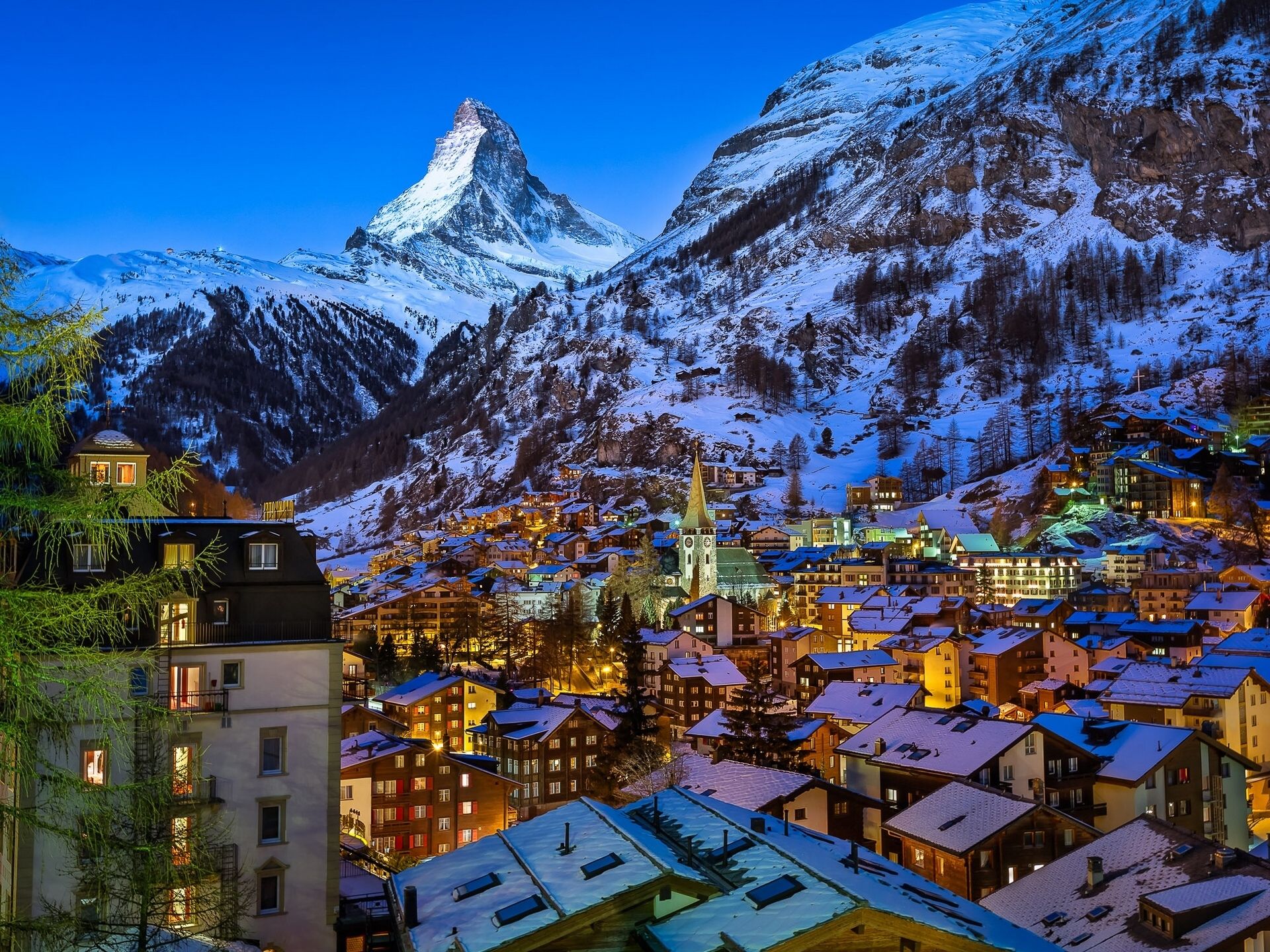 Zermatt, Matterhorn, Schweiz, Nacht, Lichter, Full HD, iPad-Hintergrundbild