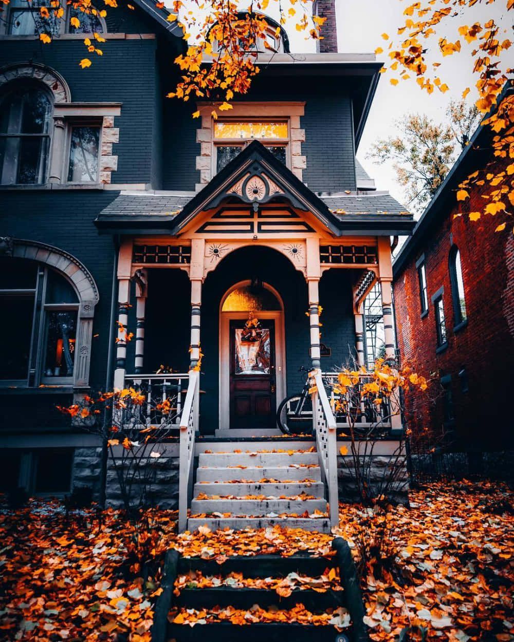 Viktorianisches Haus, Herbstlaub, Treppe, Dunkel, Herbst, Hintergrundbild fürs iPad