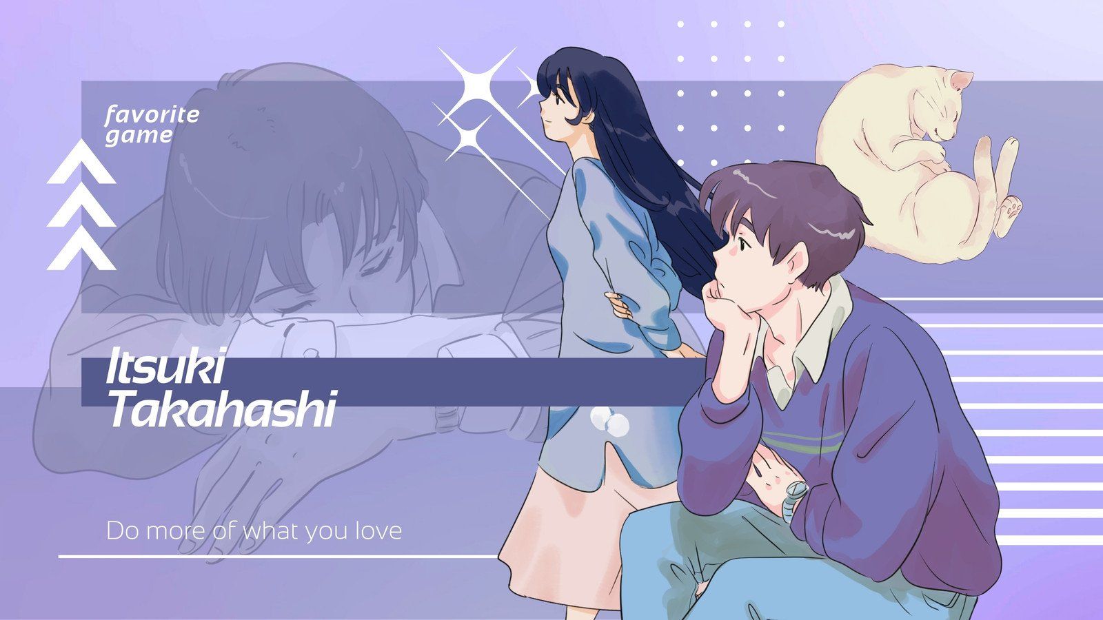 Itsuki Takahashi, Retro-Anime, Paar, Katze, Flieder, Schriftzug, HD, Windows-Hintergrundbild