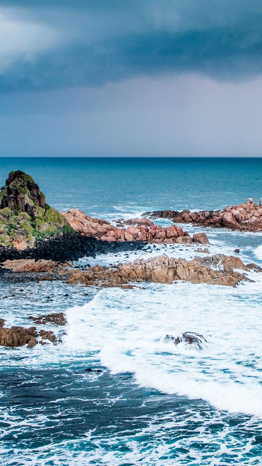 Felsküste, Brandung, Wellen, Sturmwolken, Meer, Full HD, Hintergrundbild fürs Handy