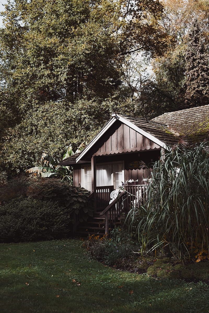 Holzhaus, Garten, Bäume, Grün, Ländlich, Hintergrundbild für iPhone und Android