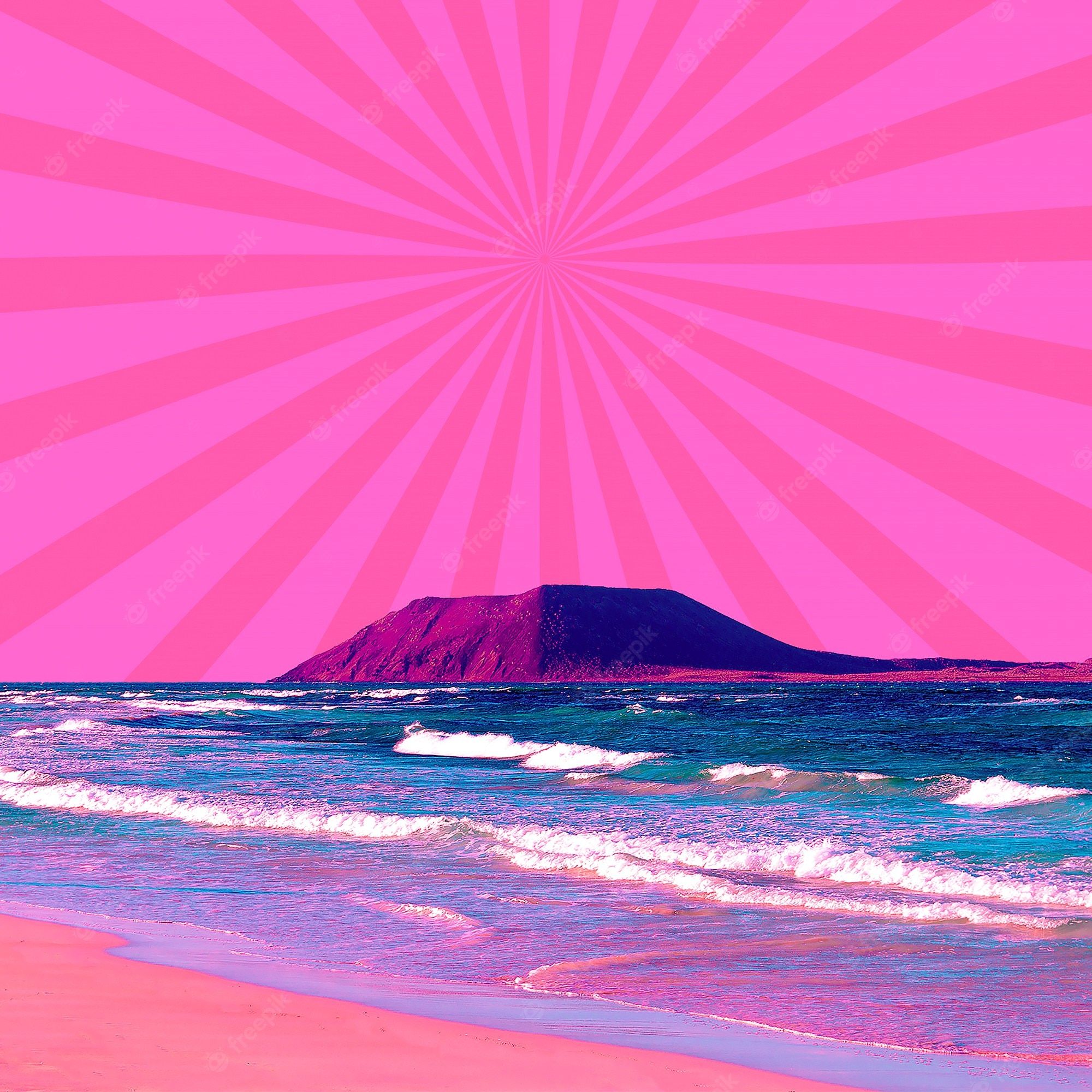 Vulkaninsel, Strand, Pop-Art, Strahlenmuster, Rosa, Full HD, iPad-Hintergrundbild