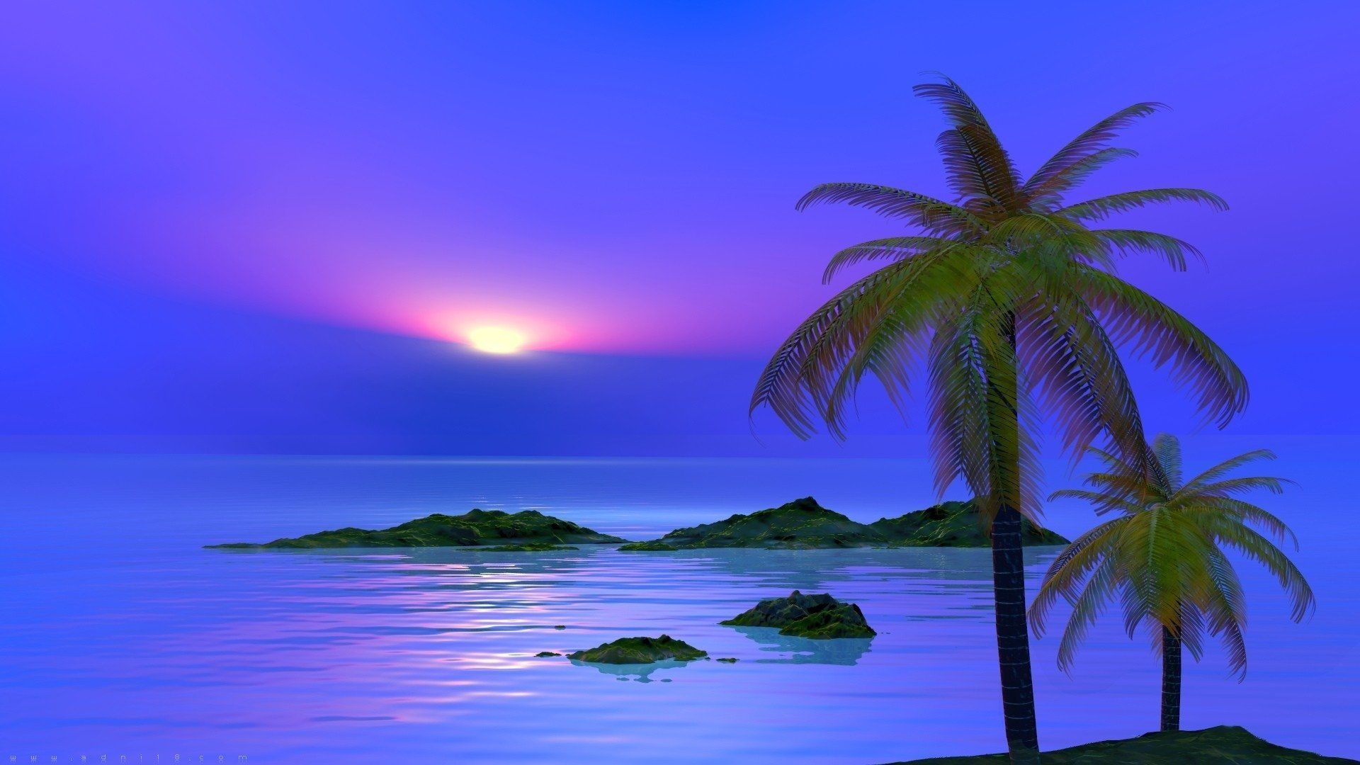Palmen, Inseln, Sonnenuntergang, Digitale Kunst, Lila, Blau, 1920x1080, Desktop-Hintergrund