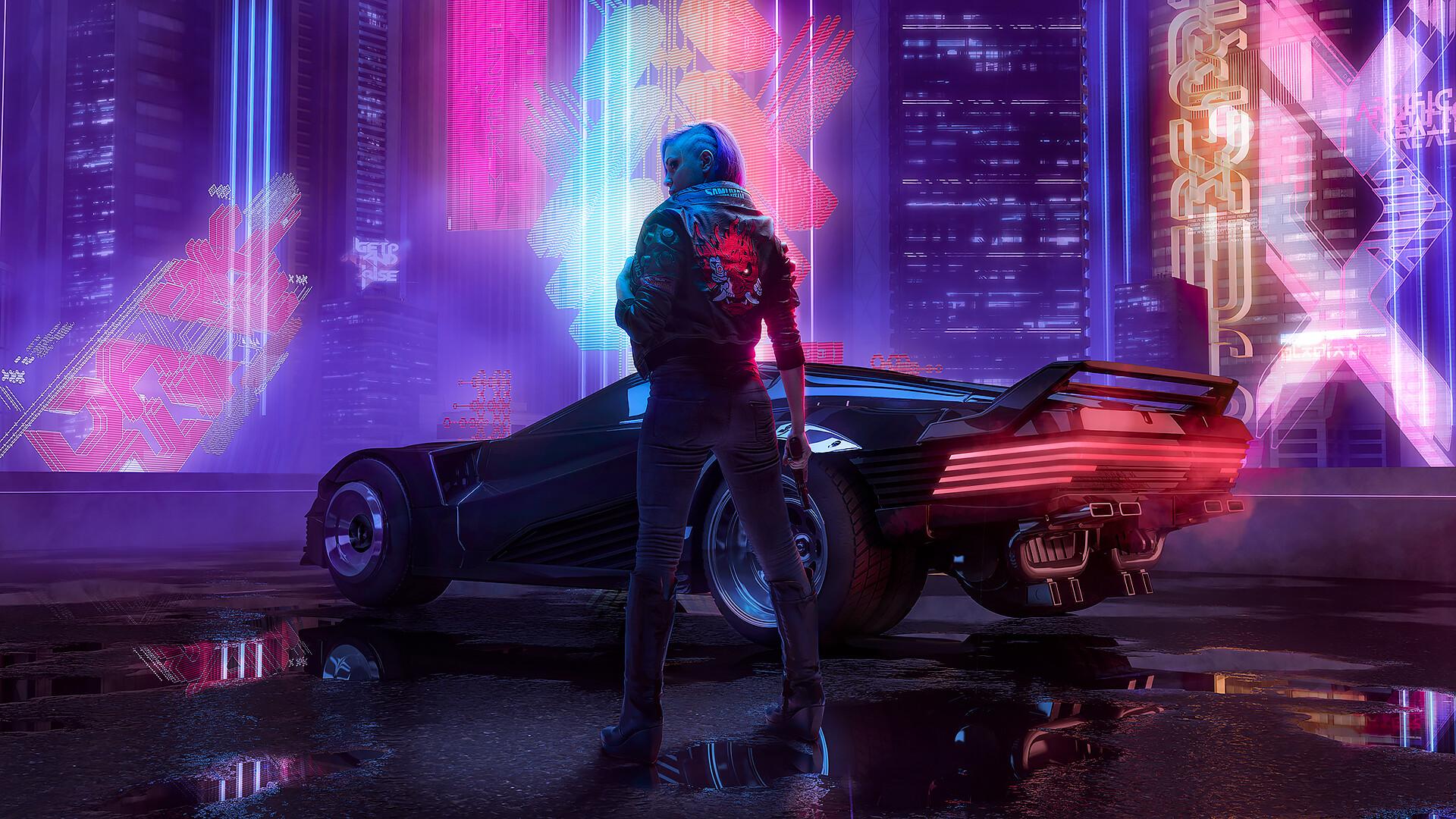 Cyberpunk 2077, V, Sportwagen, Night City, Neon, Nacht, 1920x1080, Full-HD-Hintergrundbild für PC