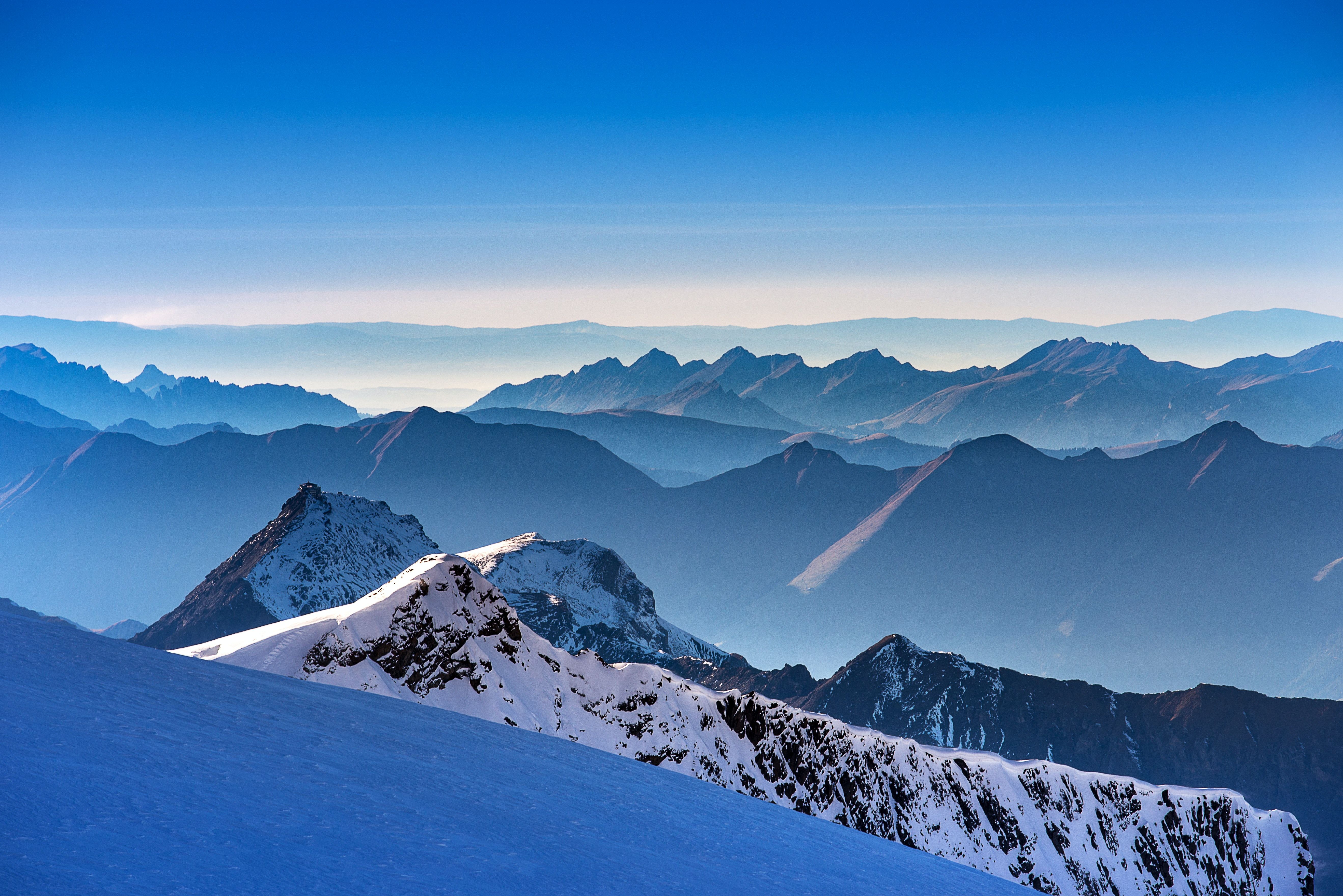 Alpen, Bergkette, Schnee, Blau, Dunst, 5K, Hintergrundbild für den PC