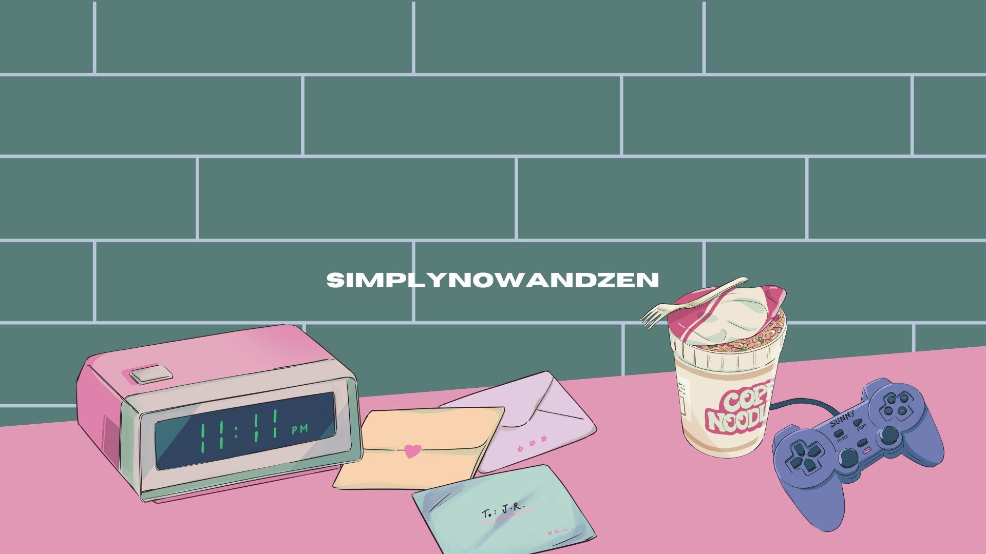 Wecker, Instant-Nudeln, Controller, Briefe, Pastell, Illustration, 1920x1080, Desktop-Hintergrund