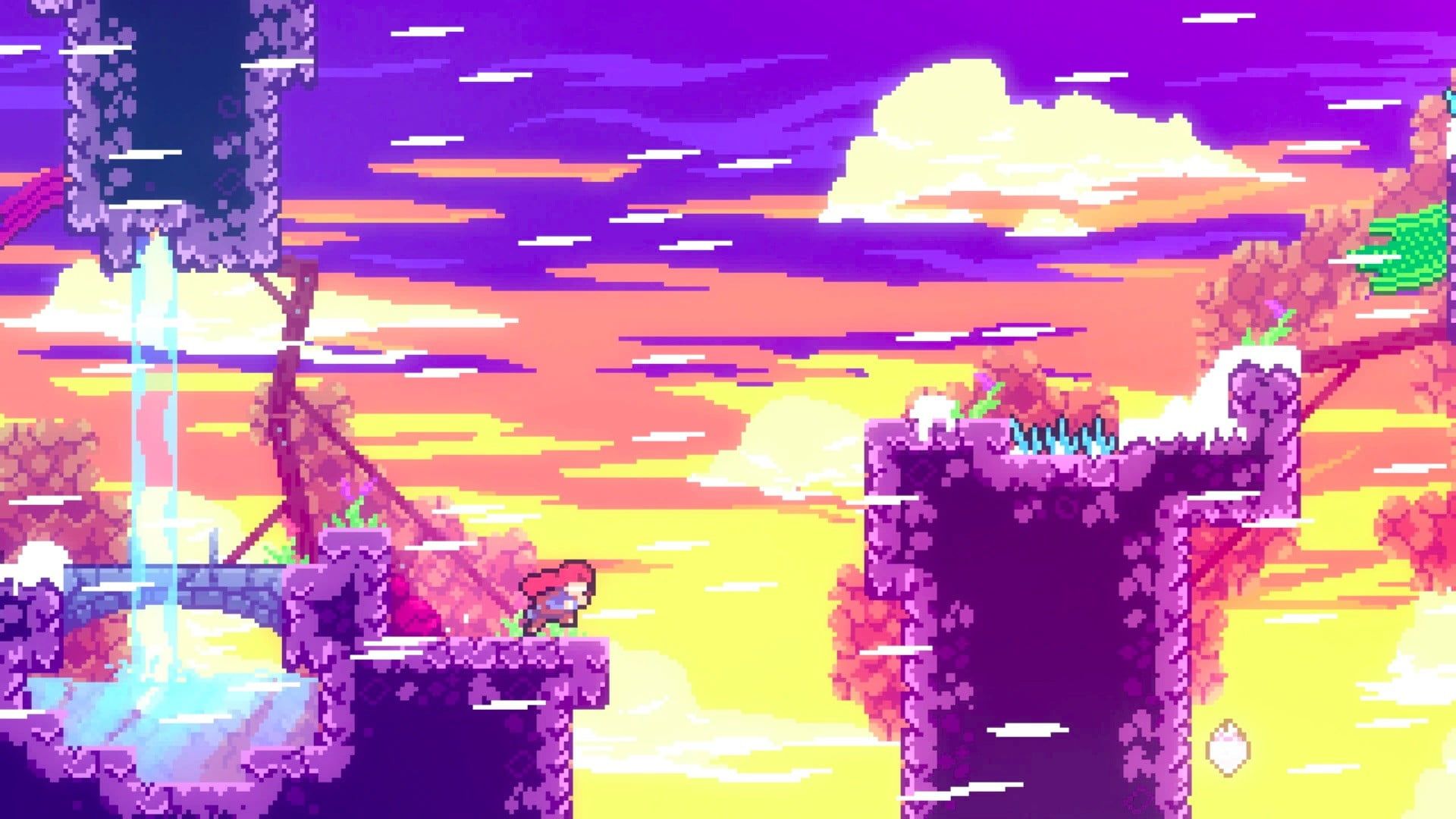 Celeste, Pixel art, Berge, Wolken, Lila, Gelb, 16:9, Full-HD-Hintergrundbild für den Desktop