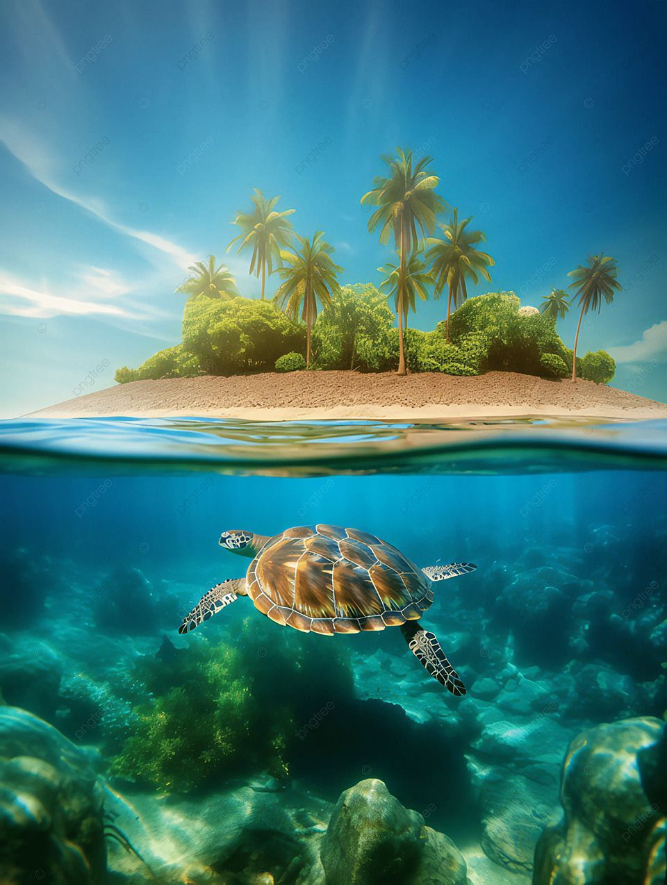 Tropeninsel, Meeresschildkröte, Unterwasser, Splitview, Korallenriff, Palmen, HD-Tablet-Hintergrundbild