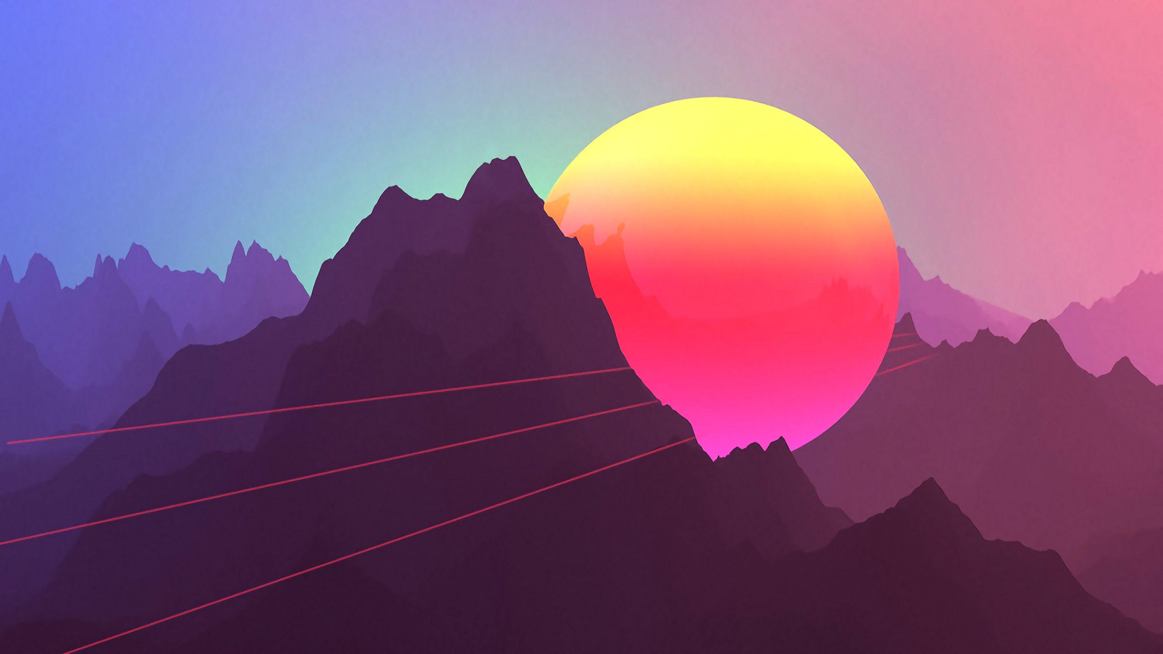 Retrowave, Berge, Sonne, Rot-Lila, Synthwave, 16:9, 4K-Hintergrundbild für den Desktop