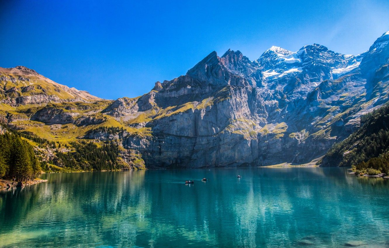Oeschinensee, Berner Alpen, Schweiz, Bergsee, Türkisblaues Wasser, HD-Hintergrundbild für PC