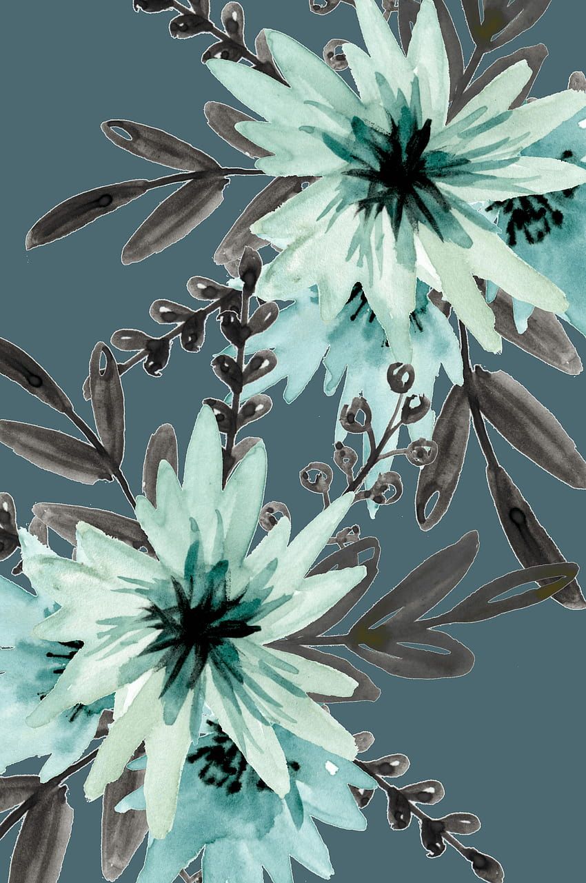 Blumenmalerei, Mintgrüne Blüten, Blätter, Graublau, Illustration, HD, iPhone-Hintergrundbild