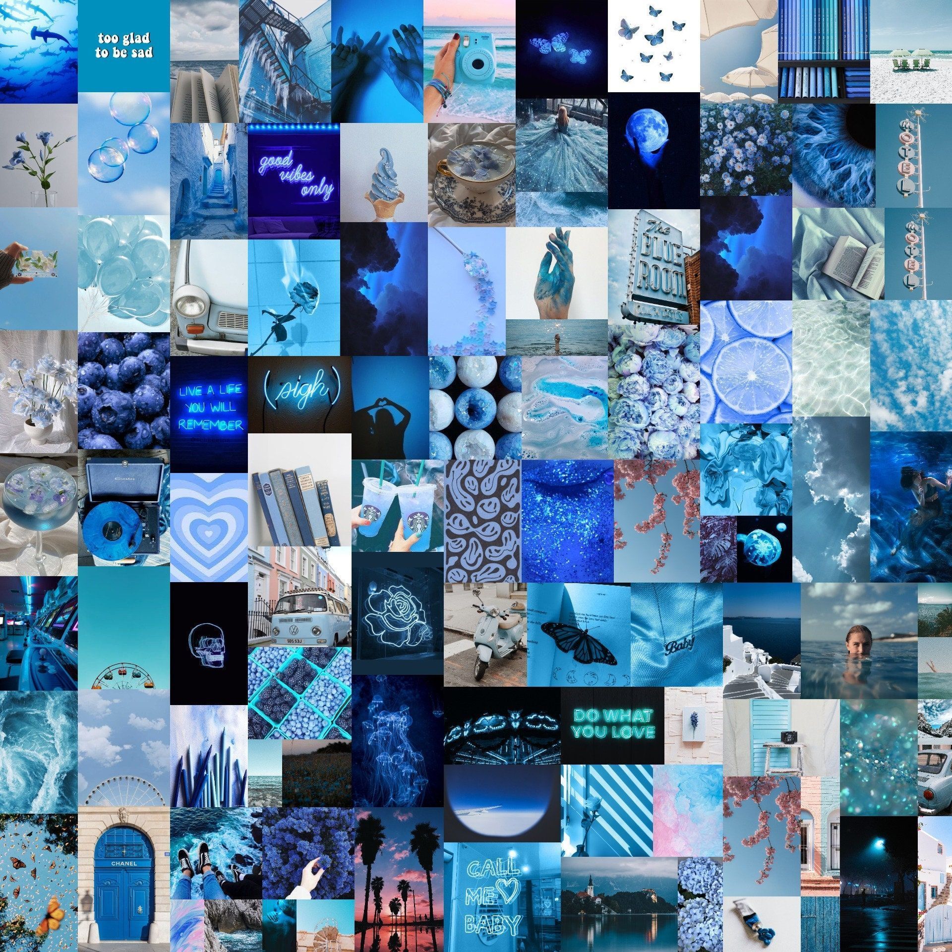Collage, Blaue Ästhetik, Meer, Blau, Moodboard, Full HD, iPad-Hintergrundbild