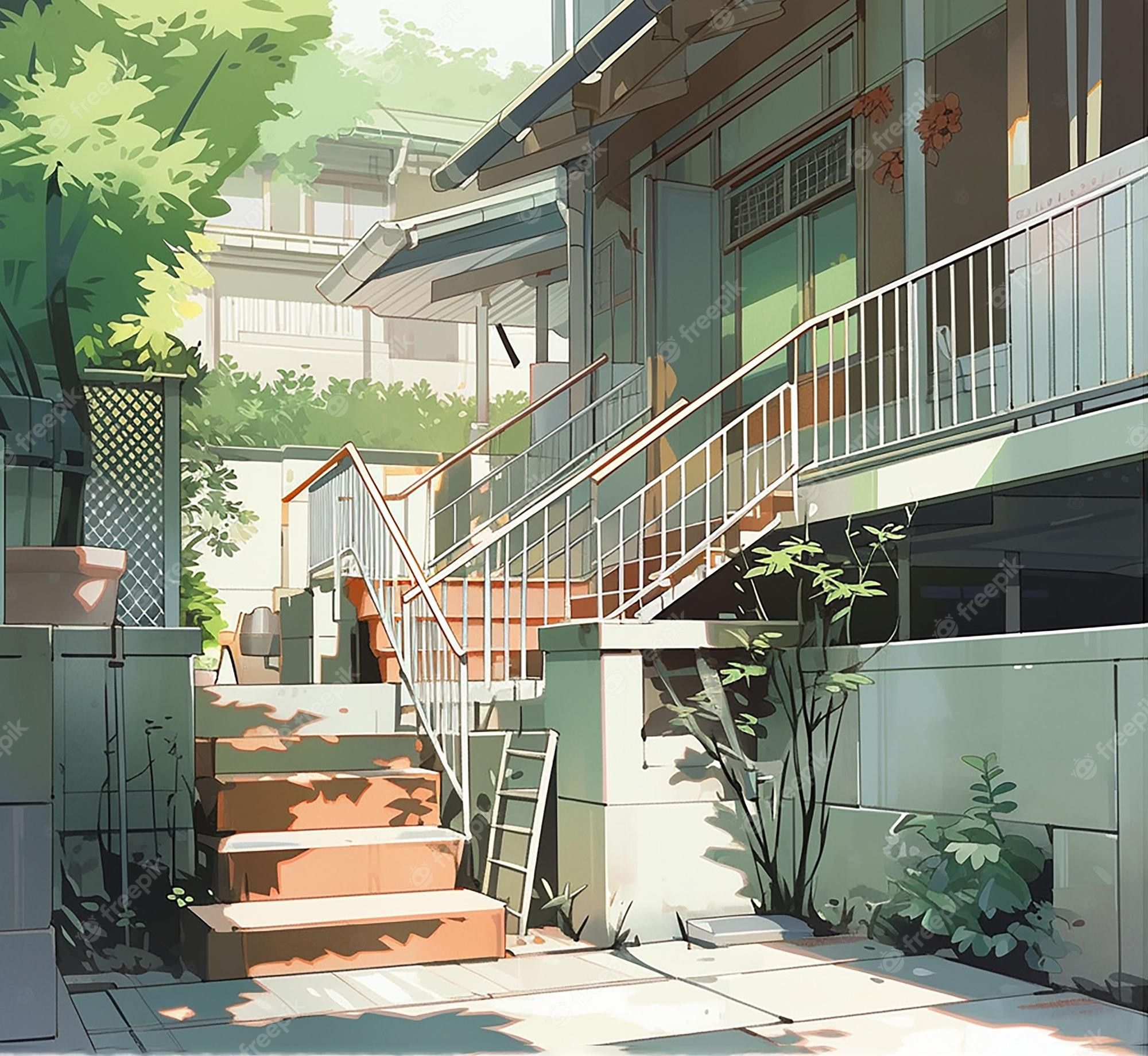 Haus, Treppe, Bäume, Anime-Stil, Grün, Sonnig, Full HD, iPad-Hintergrundbild