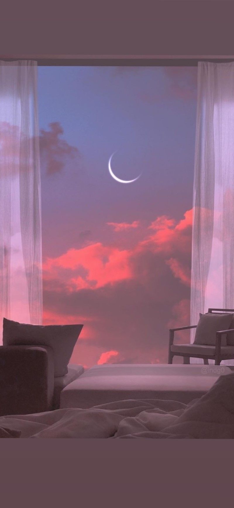 Wohnzimmer, Fenster, Mondsichel, Rosa Wolken, Dämmerung, Lo-Fi, HD, Handy-Hintergrund