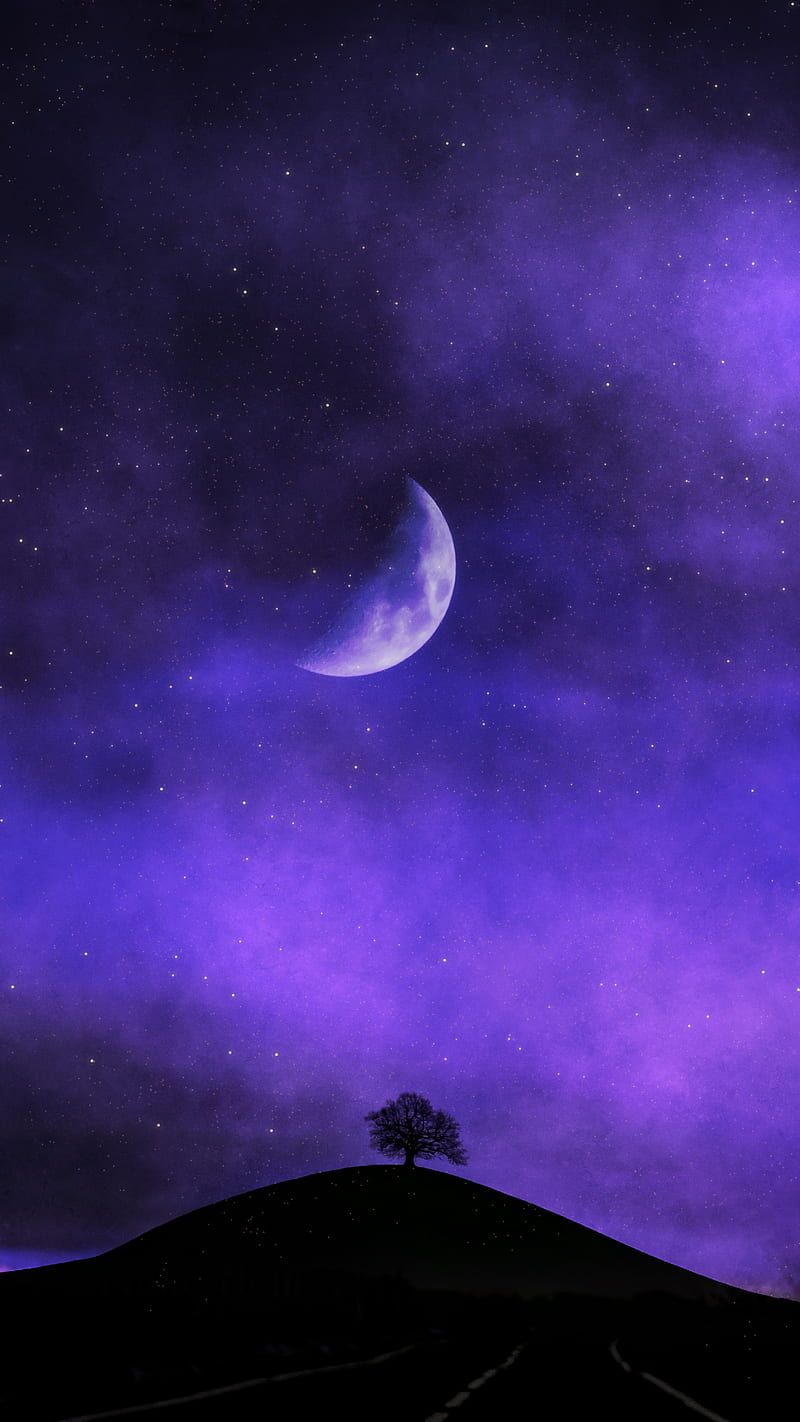 Mond, Nachthimmel, Baum, Hügel, Lila, Hintergrundbild für iPhone und Android
