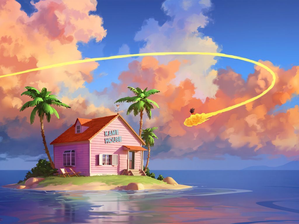 Kame-Haus, Dragon Ball, Insel, Palmen, Meer, Wolken, Hintergrundbild für iPad und Tablet