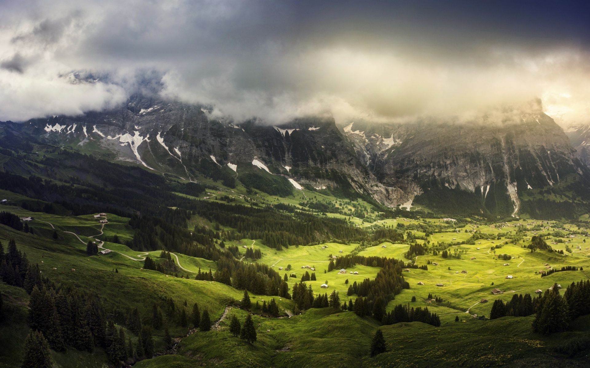 Bergtal, Alm, Wolken, Sonnenlicht, Alpen, Full HD, Desktop-Hintergrund für Windows