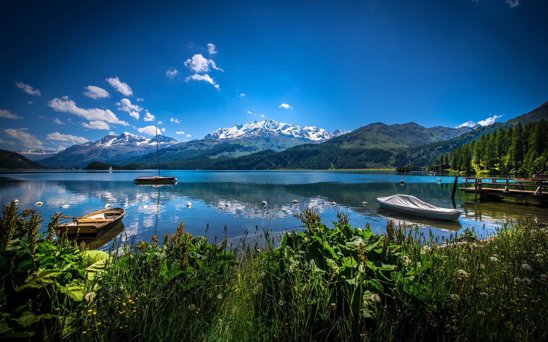 Bergsee, Boote, Alpen, Ufer, Blauer Himmel, Full HD, Desktop-Hintergrund für Windows