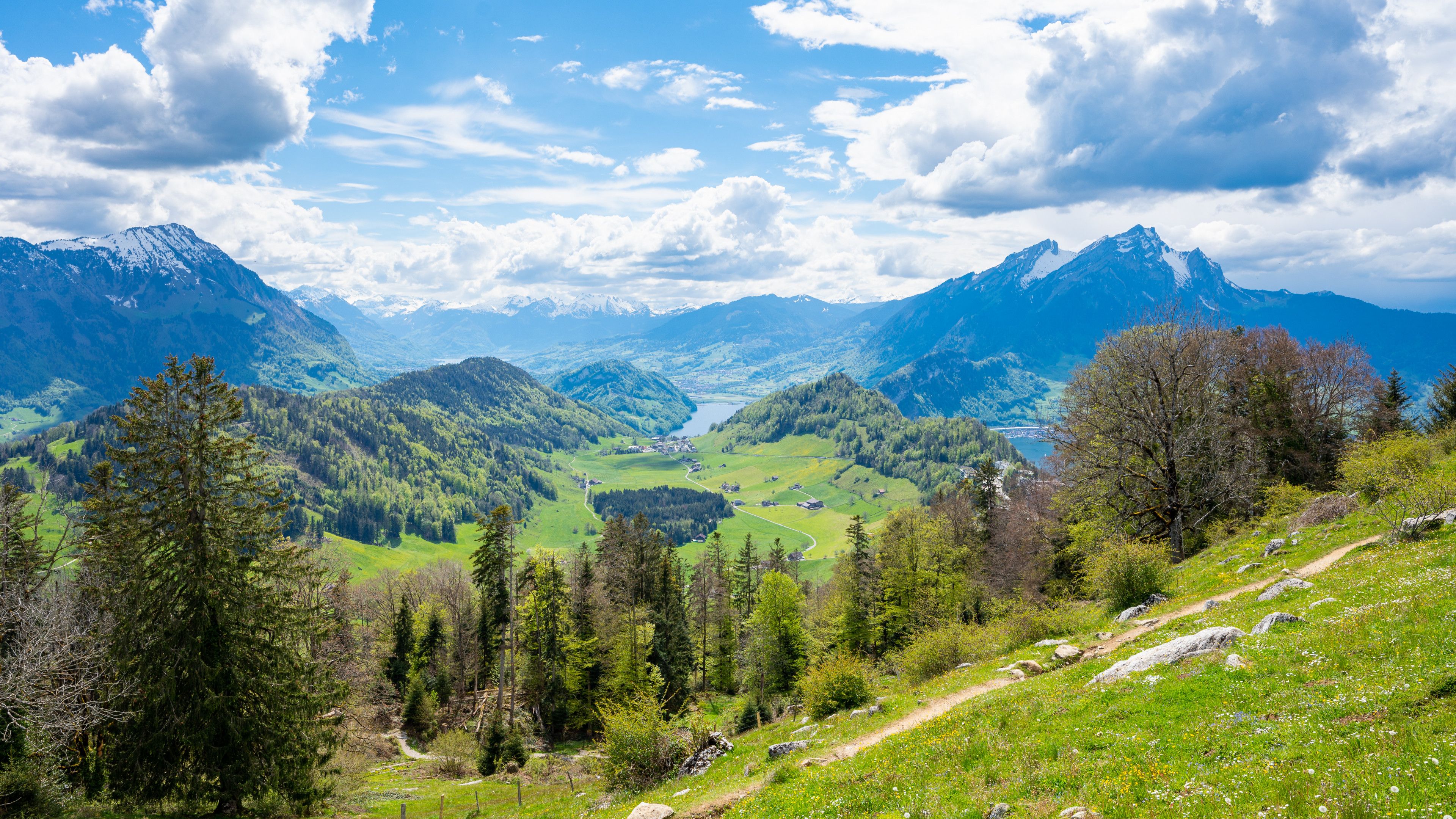 Alpen, Bergpanorama, Grüne Wiese, Wald, Schweiz, 16:9, 4K-Hintergrundbild für den Desktop
