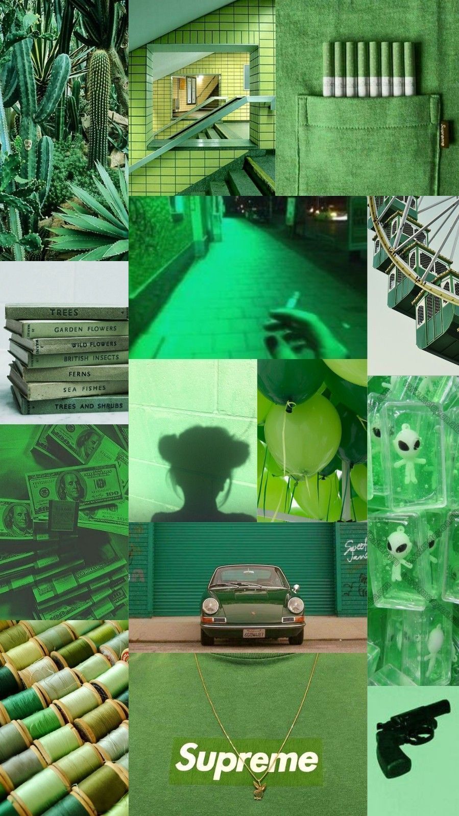 Collage, Supreme, Grüne Ästhetik, Auto, Moodboard, HD, Handy-Hintergrund im Hochformat