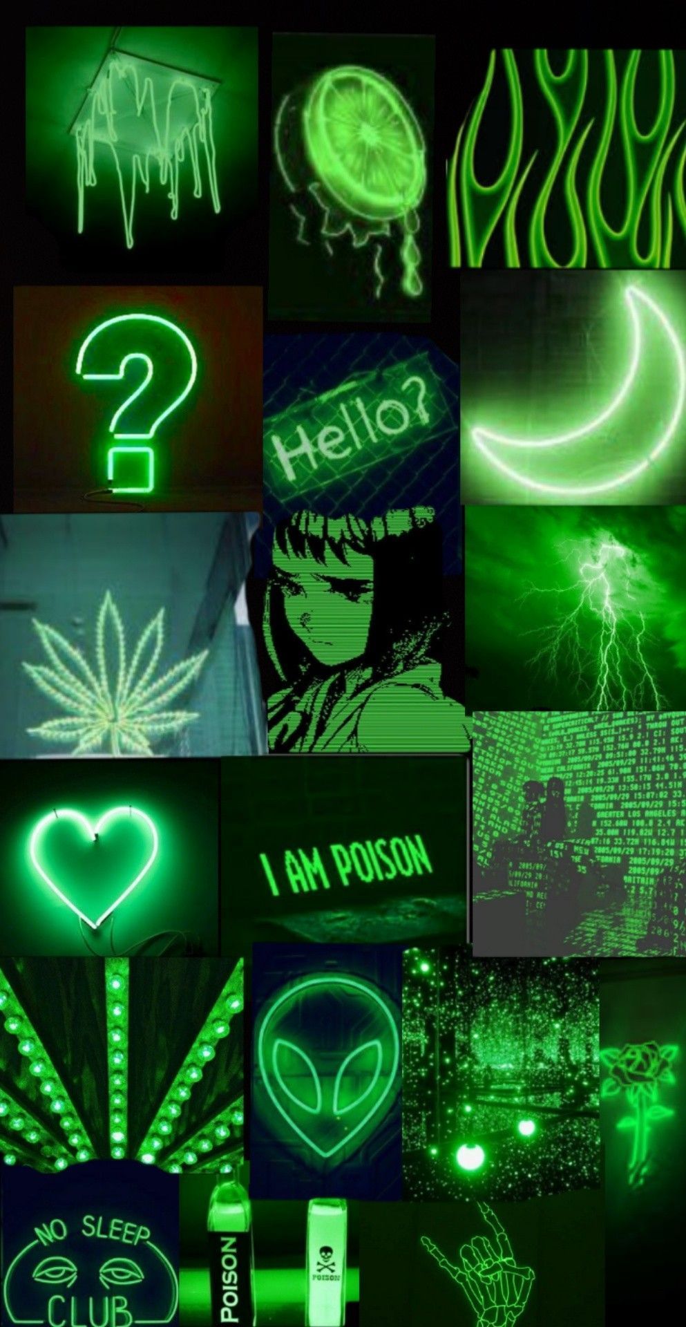 Collage, Neongrün, Alien, Hello, Dunkle Ästhetik, HD, Sperrbildschirm fürs iPhone