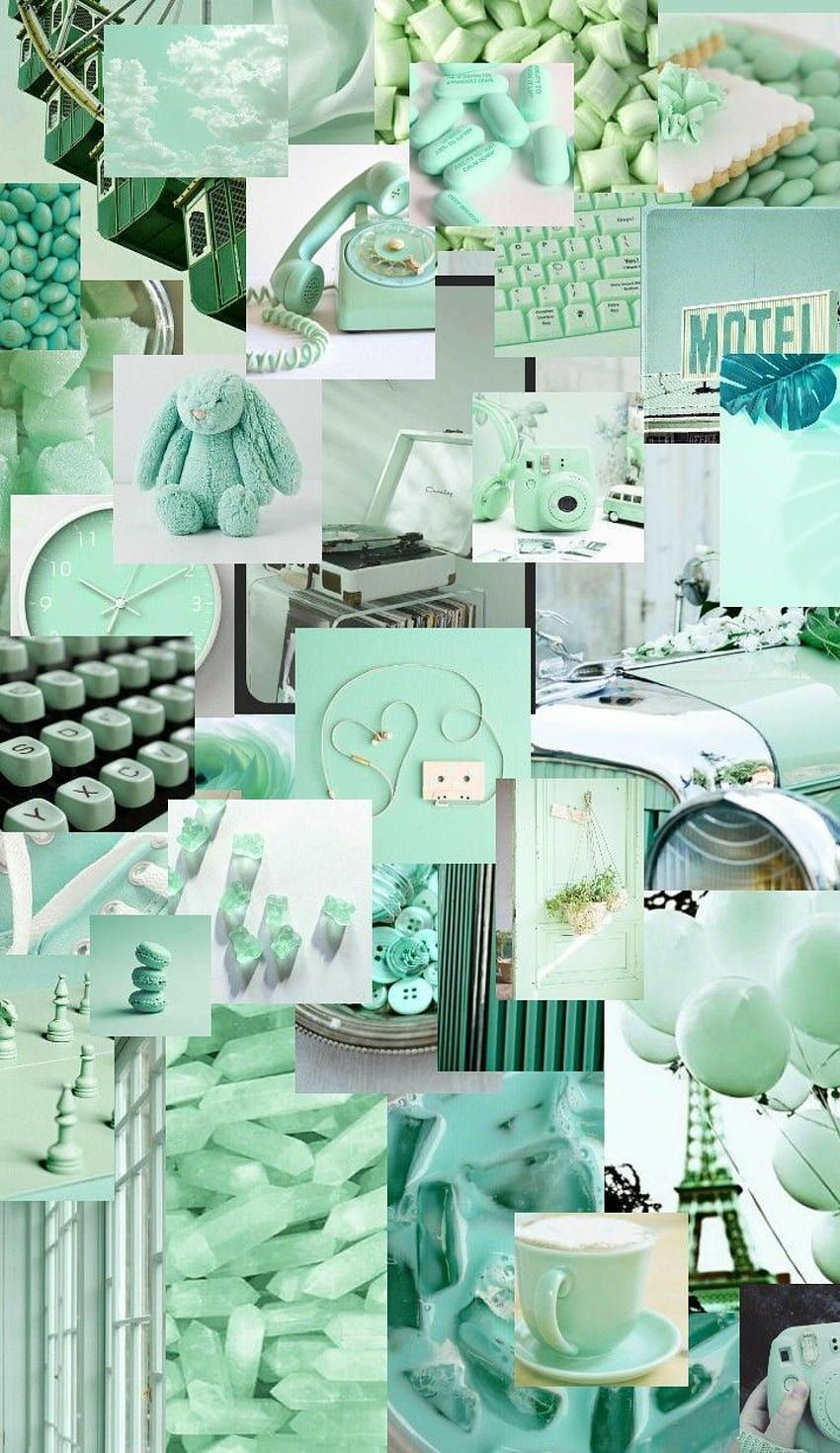 Collage, Mintgrün, Pastell, Moodboard, Ästhetik, HD, Hintergrundbild fürs Handy