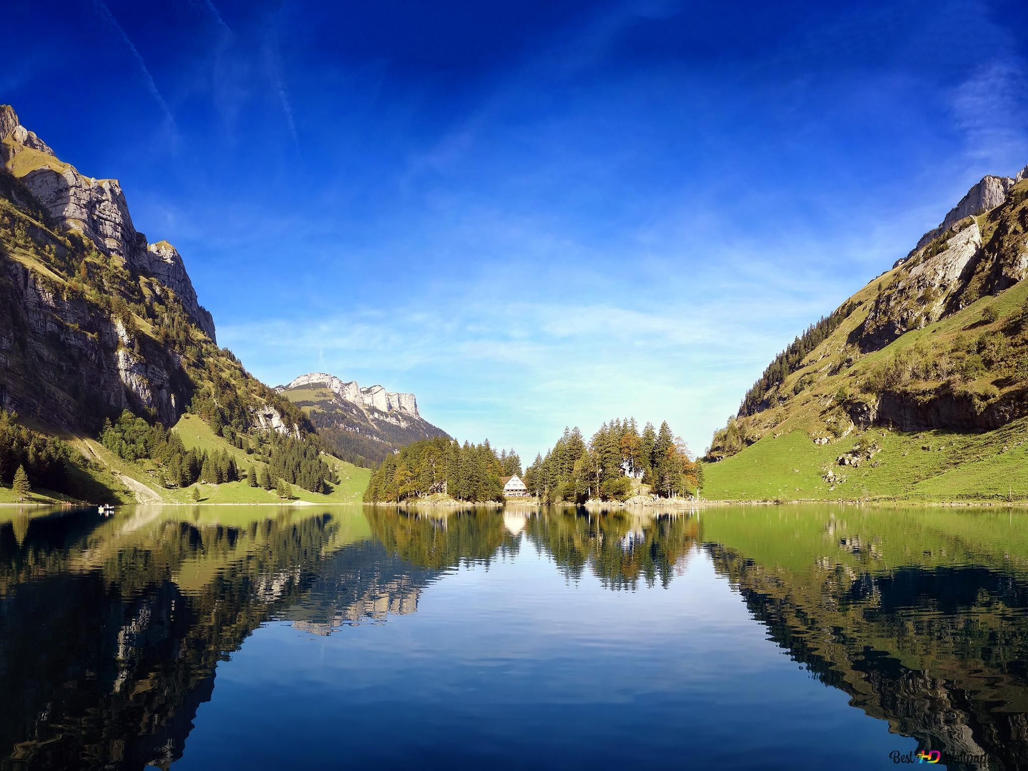 Seealpsee, Alpstein, Schweiz, Spiegelung, Bergsee, Full HD, Hintergrundbild fürs Tablet