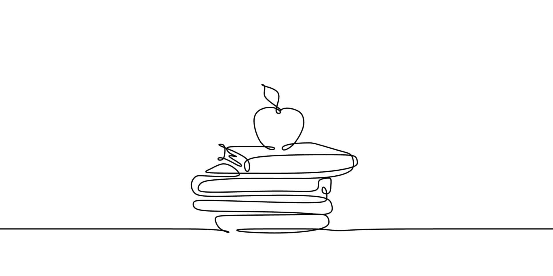 Bücherstapel, Apfel, Strichzeichnung, Linienkunst, Bildung, Weißer Hintergrund, Full HD Wallpaper