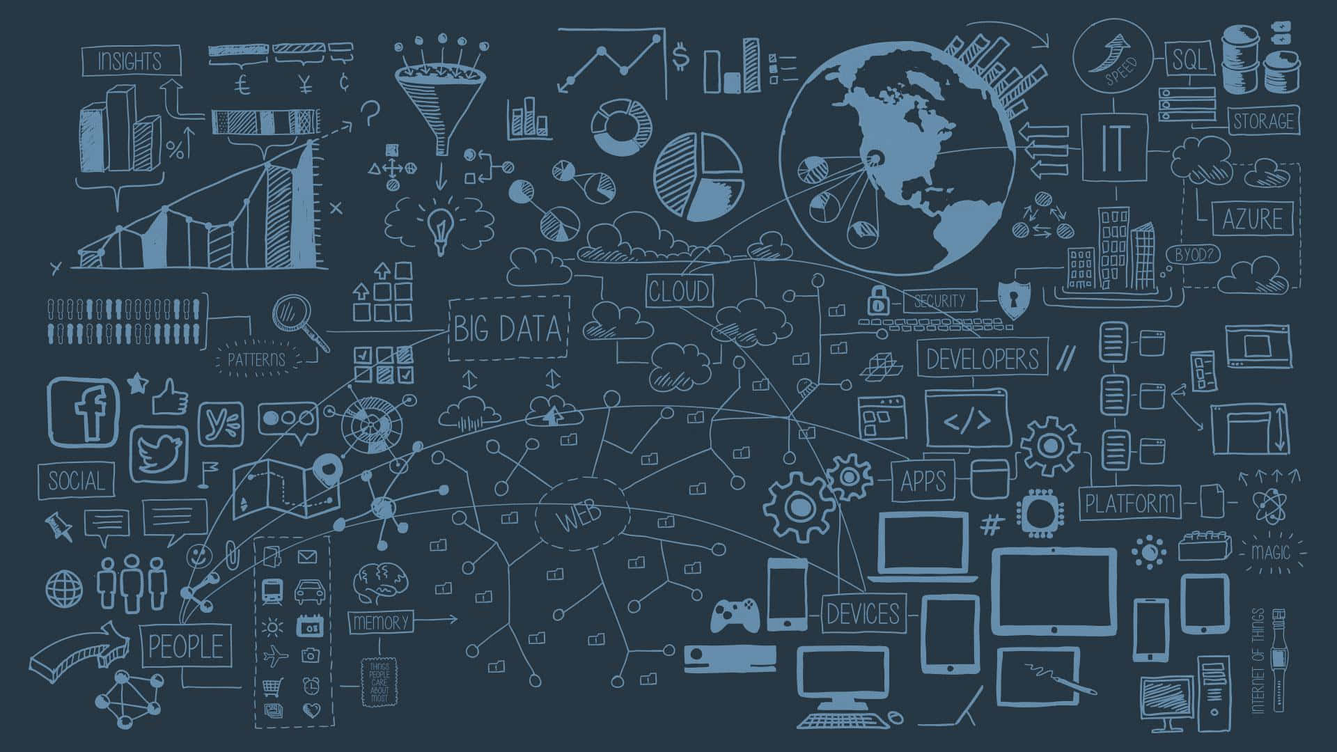 Business-Doodles, Infografik, Big Data, Globus, Diagramme, Dunkelblau, Skizzen, Full-HD-Hintergrundbild