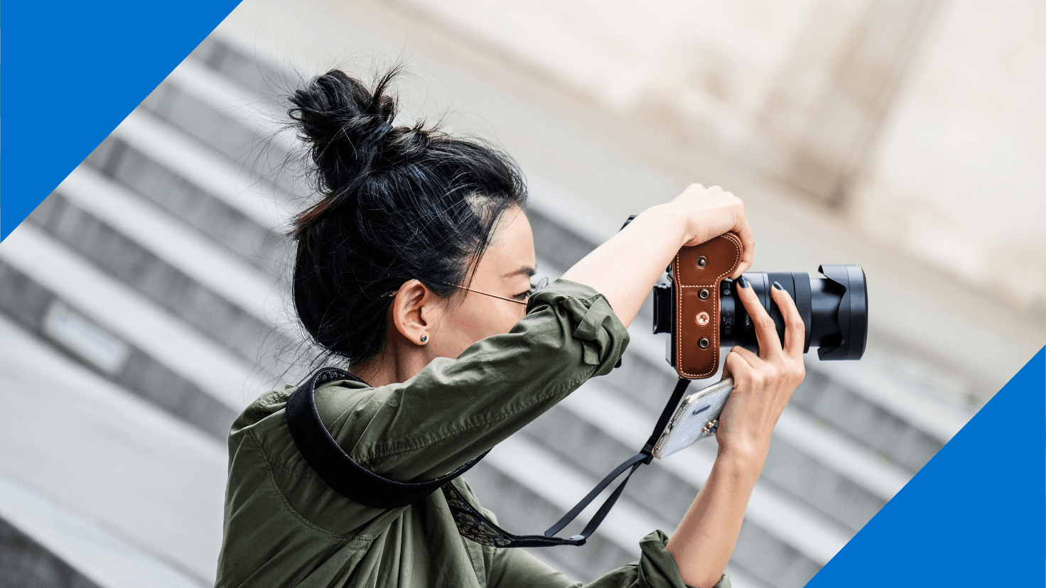 Fotografin, Kamera, Frau, Fotografie, Blauer Rahmen, HD, Hintergrund für den Desktop