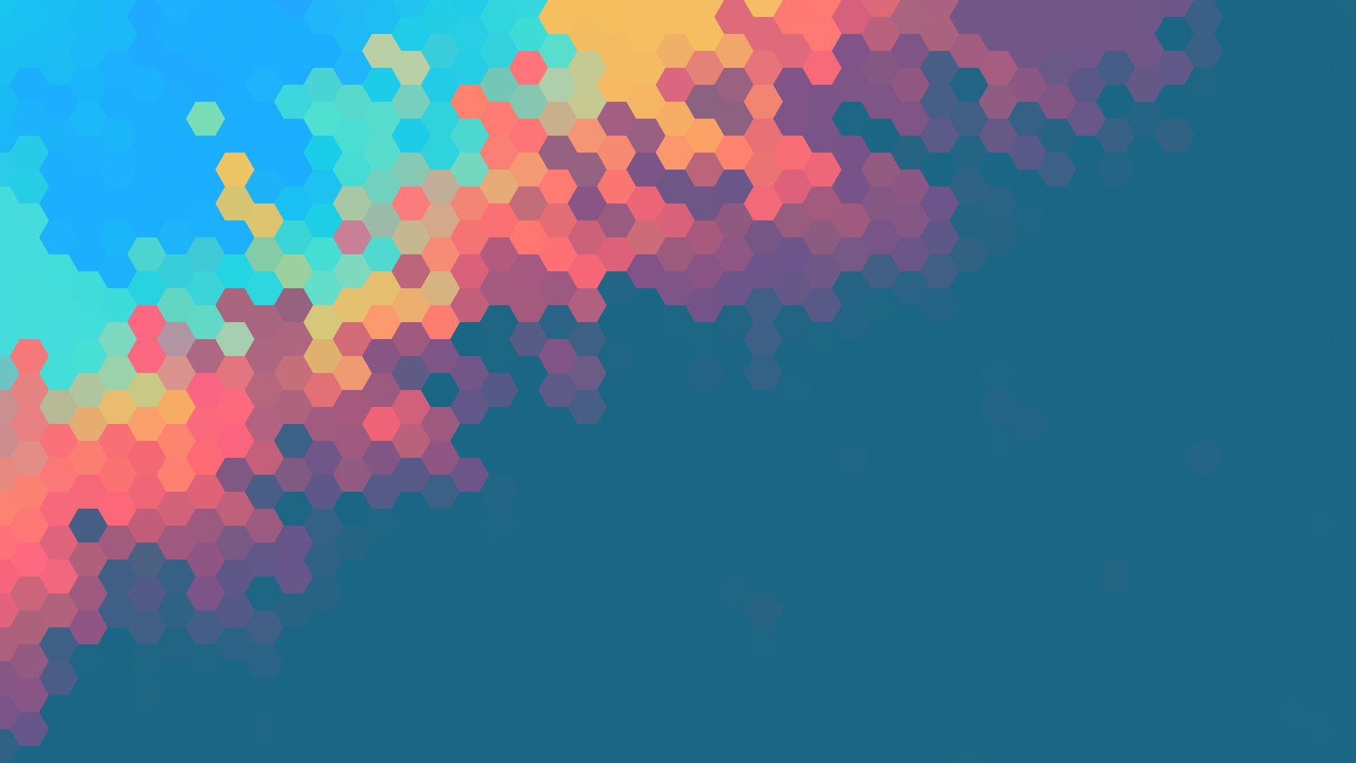 Sechsecke, Pixelkunst, Farbverlauf, Petrolblau, Regenbogenfarben, Abstrakt, Full HD, Windows-Hintergrundbild