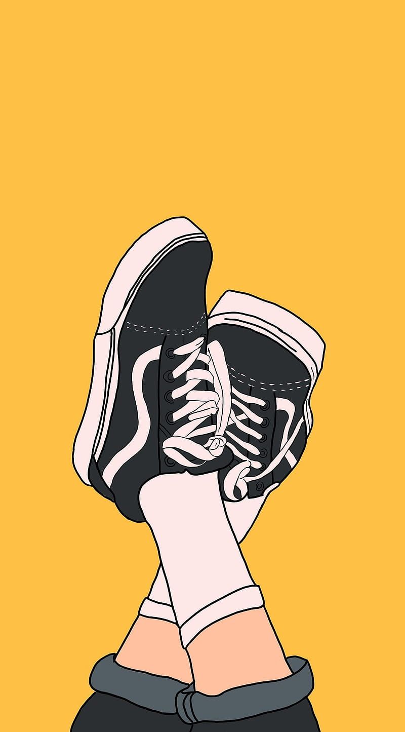 Vans Old Skool, Sneaker, Illustration, Gekreuzte Beine, Gelber Hintergrund, Sperrbildschirm fürs iPhone