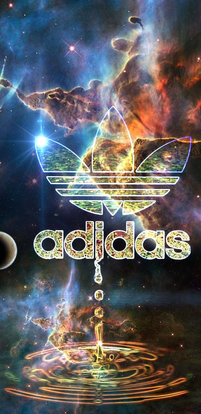 Adidas, Kleeblatt-Logo, Wassertropfen, Nebel, Bunt, Surreal, Hintergrundbild fürs Handy