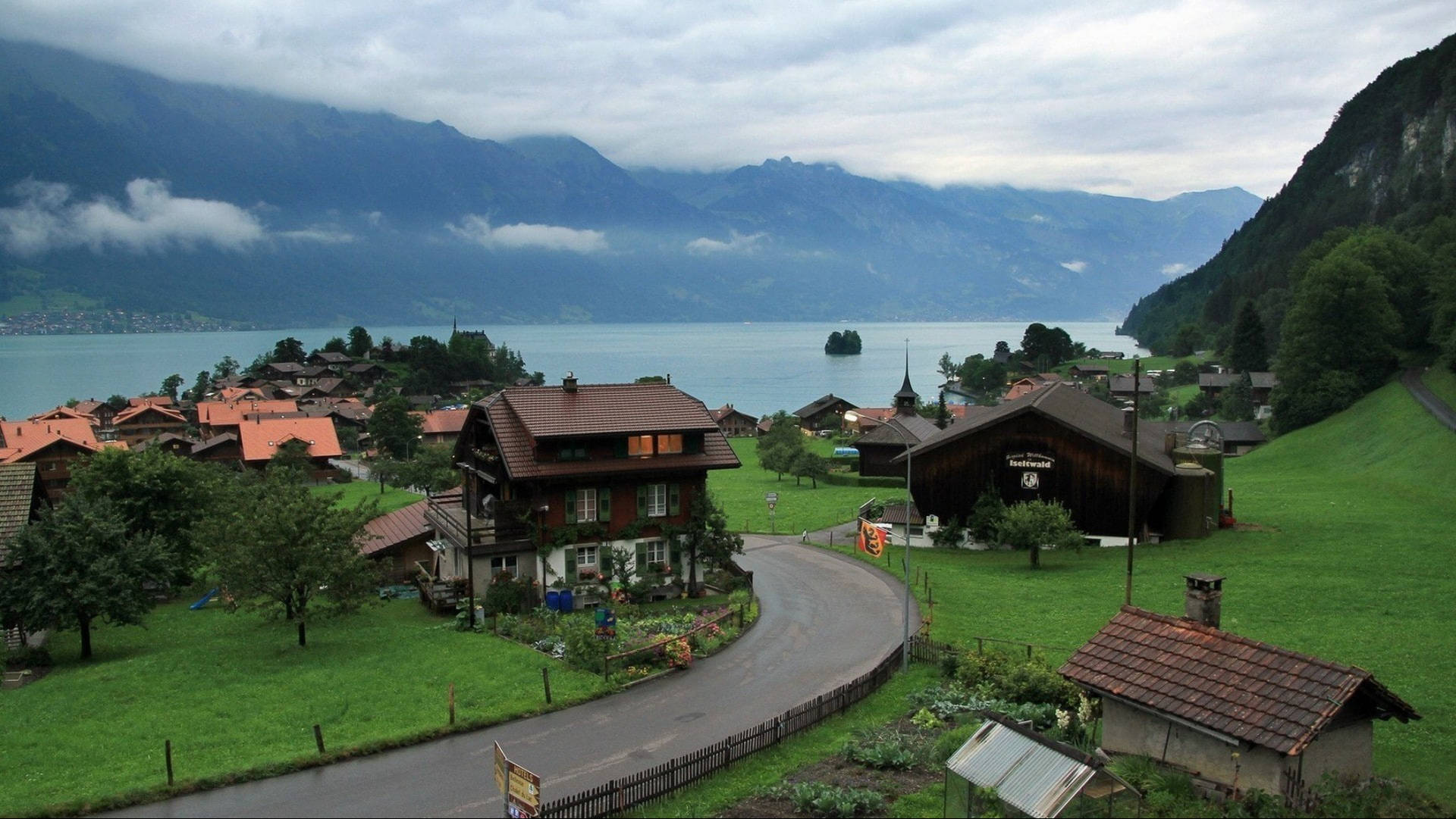 Bergdorf, Chalets, See, Schweiz, Straße, 16:9, Full-HD-Hintergrundbild für den Desktop