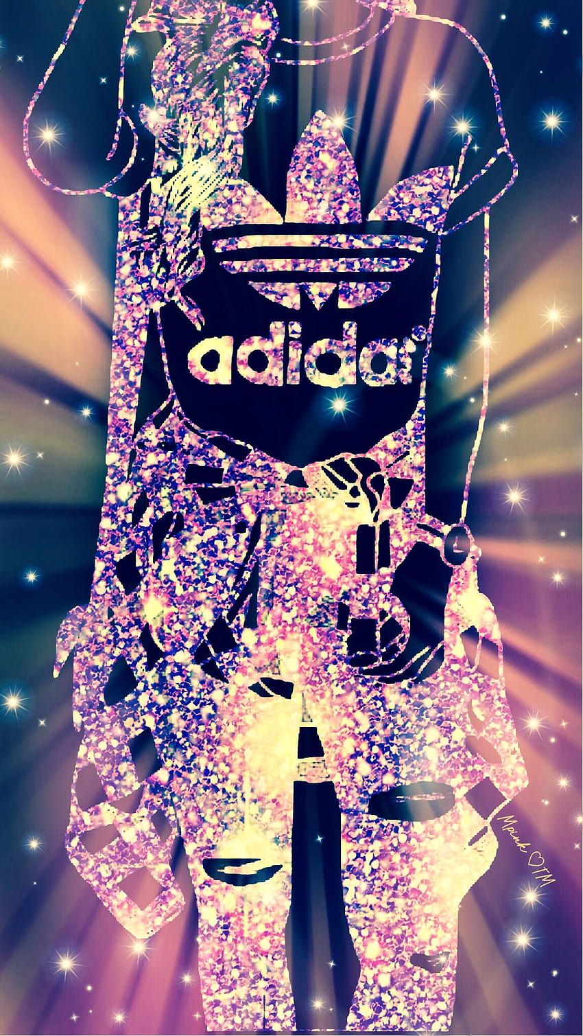 Adidas, Kleeblatt-Logo, Lichtstrahlen, Glitzer, Neon, Hochformat, Hintergrundbild fürs Smartphone