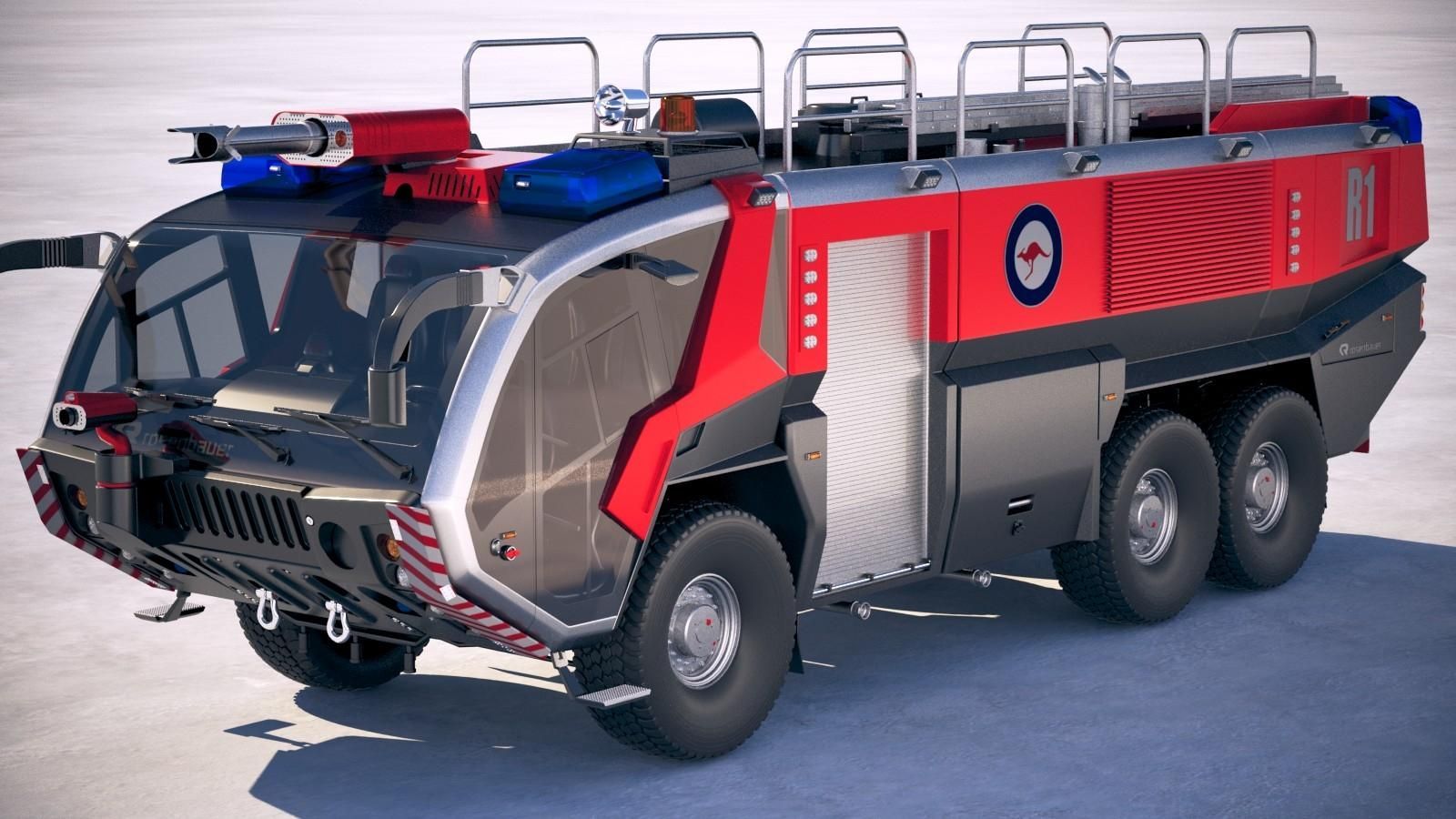 Rosenbauer Panther, Flugfeldlöschfahrzeug, 3D-Rendering, Blaulicht, HD, PC-Hintergrundbild