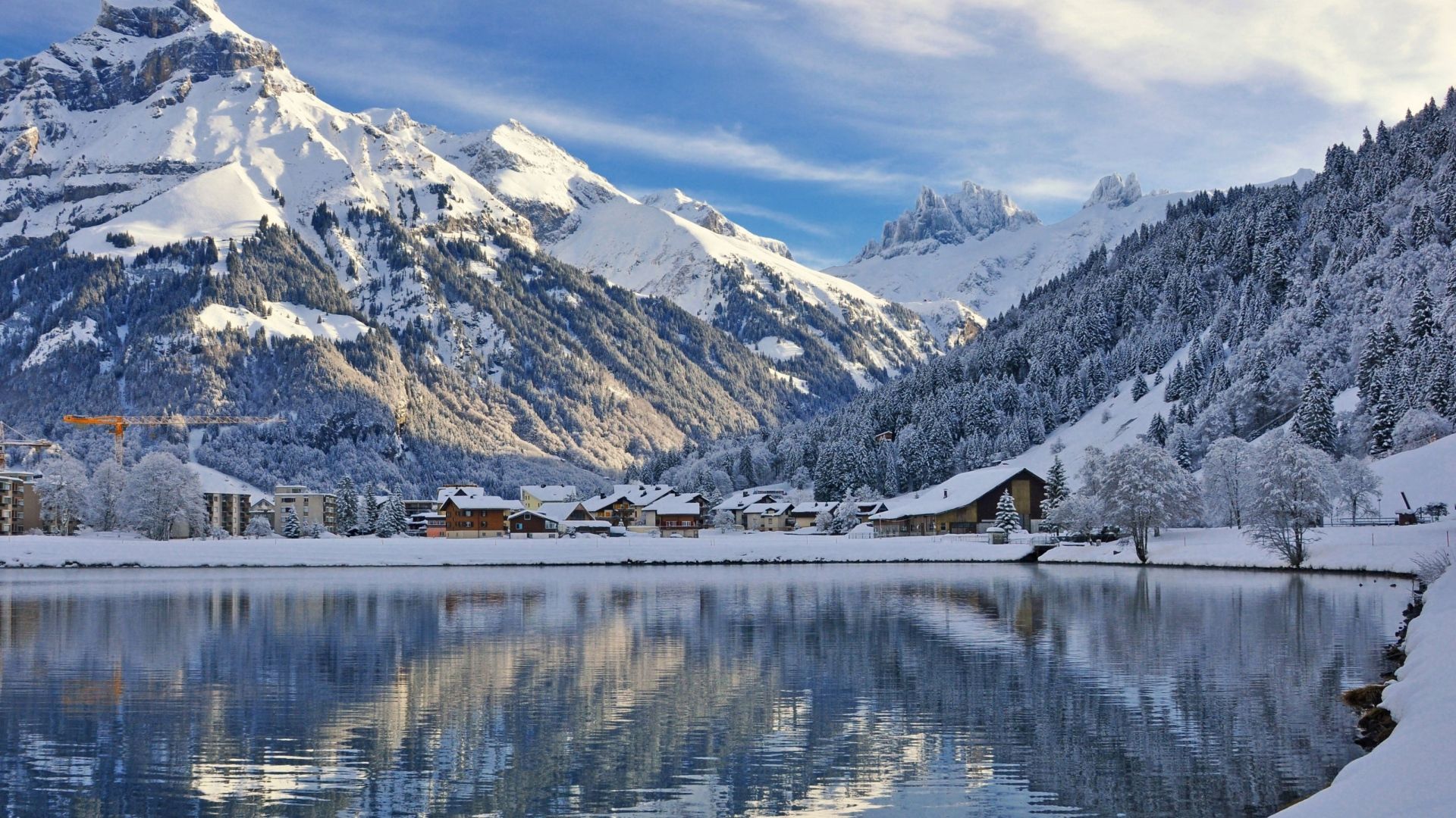 Bergsee, Bergdorf, Winter, Schnee, Spiegelung, Full HD 1080p, Desktop-Hintergrundbild