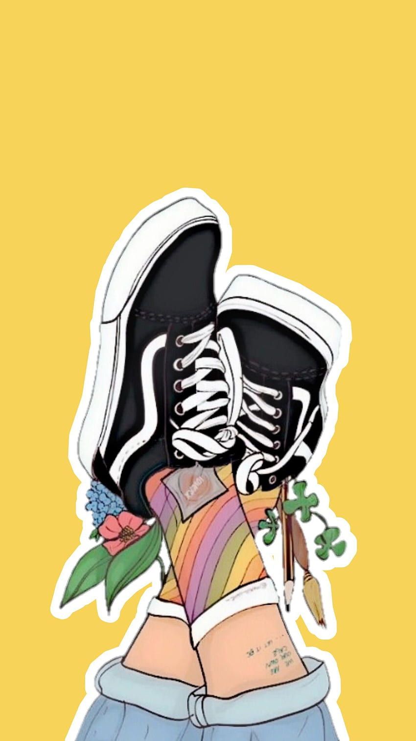 Vans Old Skool, Sneaker, Blumen, Illustration, Gelber Hintergrund, Sperrbildschirm fürs iPhone