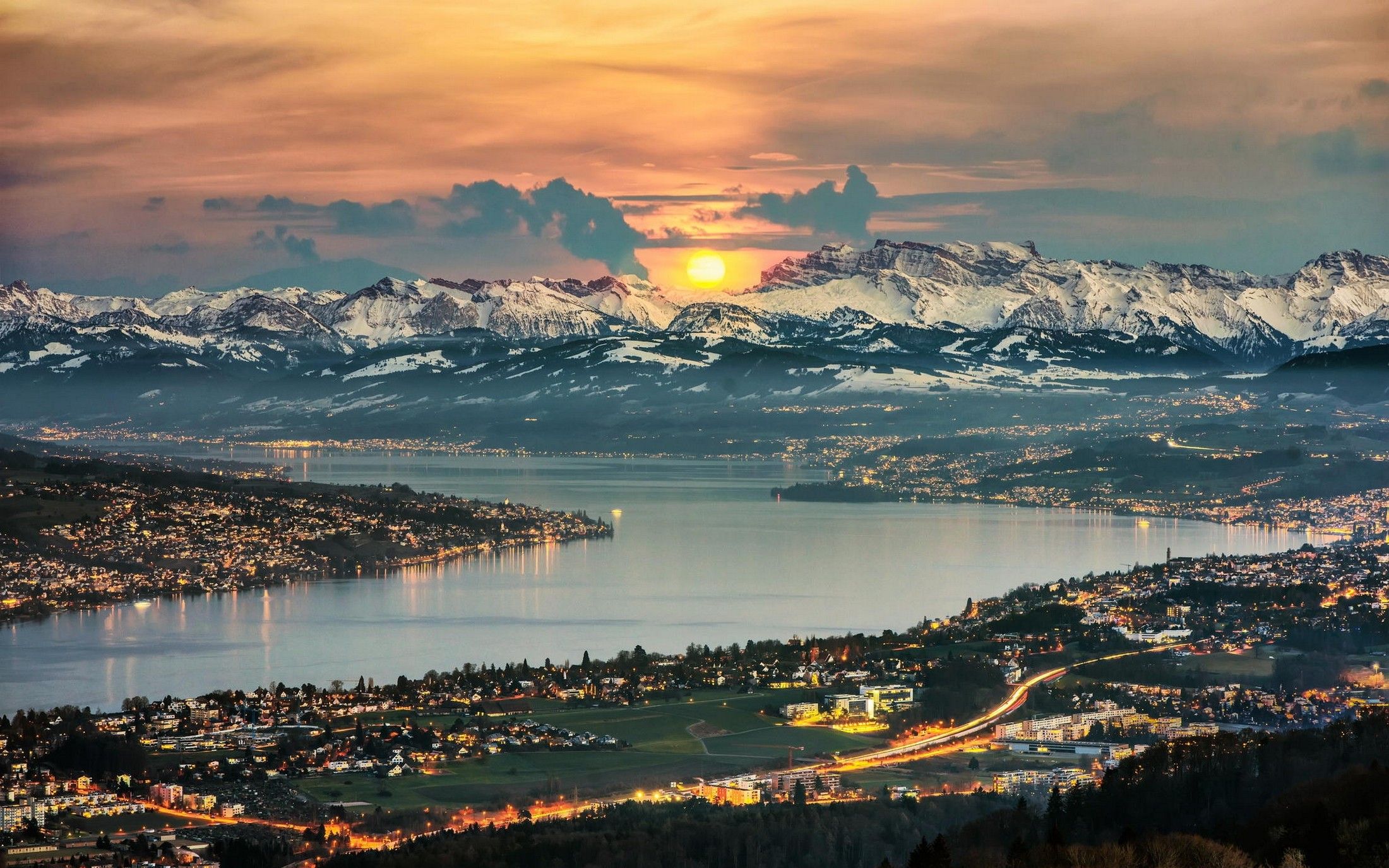 See, Stadtlichter, Sonnenuntergang, Alpenpanorama, Abendrot, Full-HD-Hintergrundbild für PC