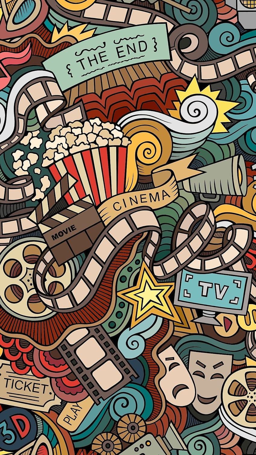 Doodle-Art, Kino, Popcorn, Theatermasken, Bunt, HD, Hintergrundbild fürs Handy