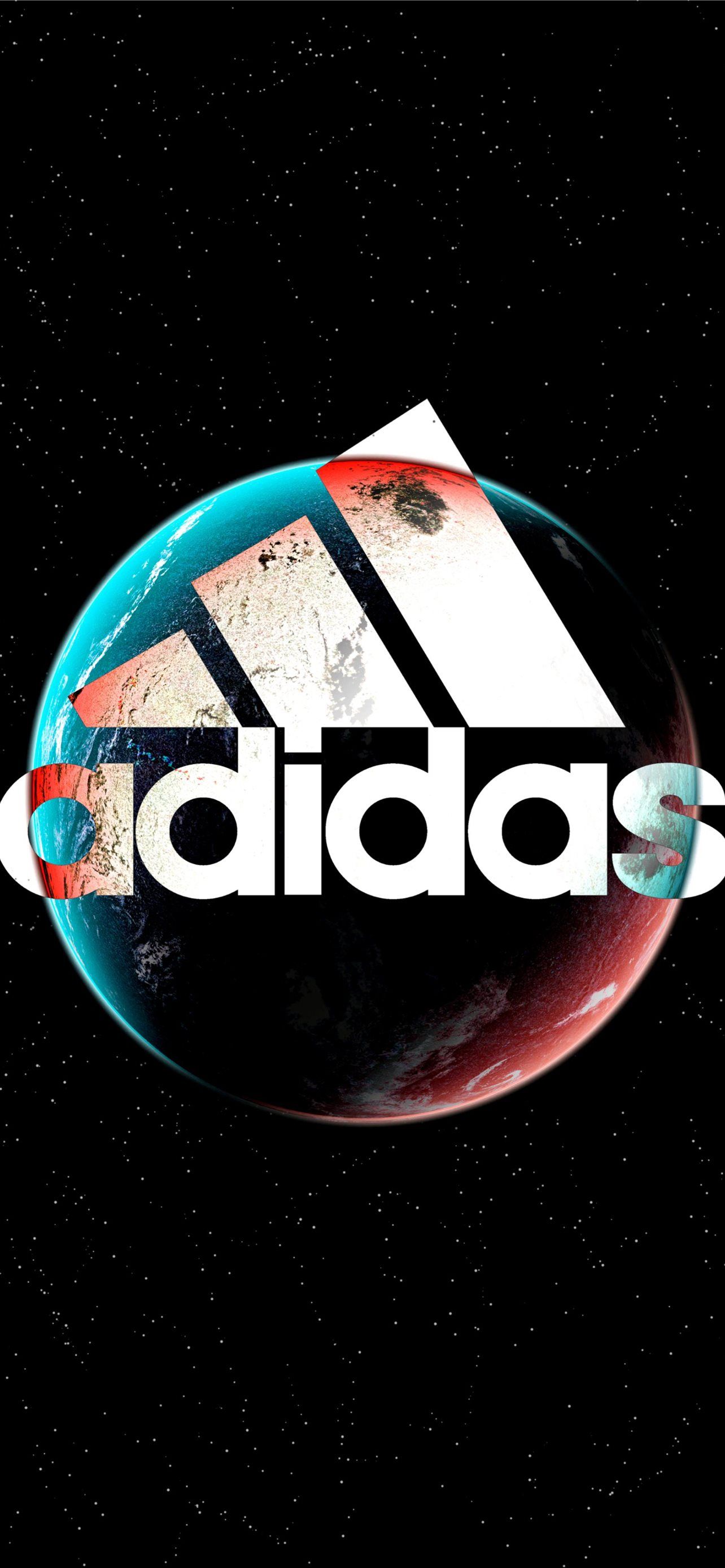 Adidas, Drei-Balken-Logo, Planet, Schwarzer Hintergrund, Bunt, Sperrbildschirm fürs iPhone