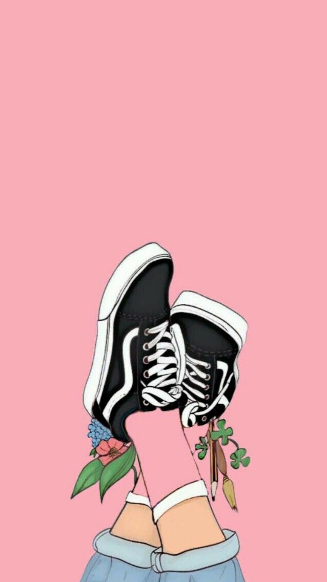 Vans Old Skool, Sneaker, Illustration, Blumen, Rosa Hintergrund, Sperrbildschirm fürs iPhone